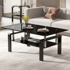 Modern Tempered Black Glass Coffee Table with 2-Layers and Waterfall Edges for Living Room - Grand Goldman Shop