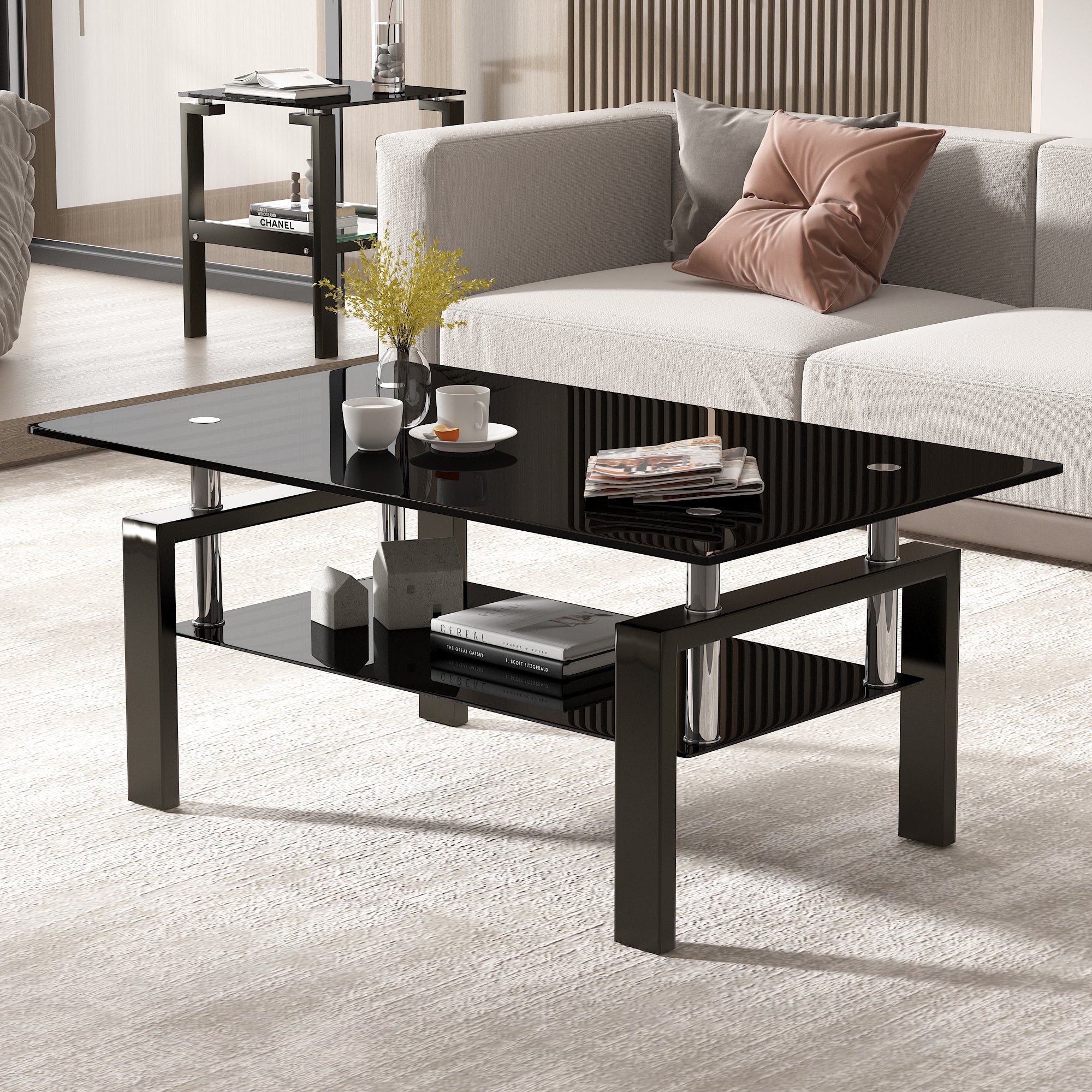 Modern Tempered Black Glass Coffee Table with 2-Layers and Waterfall Edges for Living Room - Grand Goldman Shop