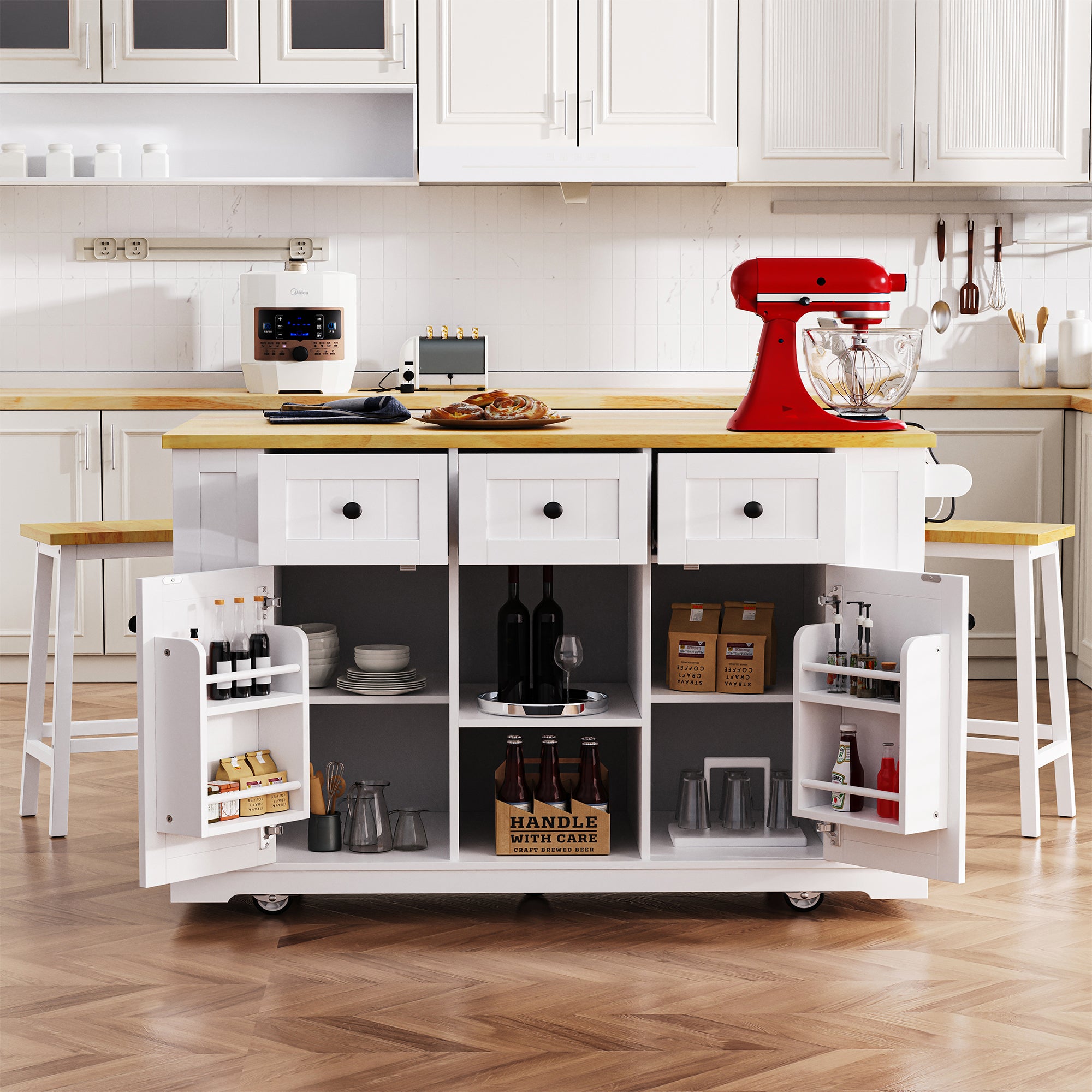K&K 53inch Large Kitchen Island with Drop Leaf,Power Outlet,Door Internal Storage Rack,Rolling Kitchen Cart on 5 Wheels with 5 Open Side Racks for Kitchen,White (Two Packages)(Stools not included) - Grand Goldman Shop