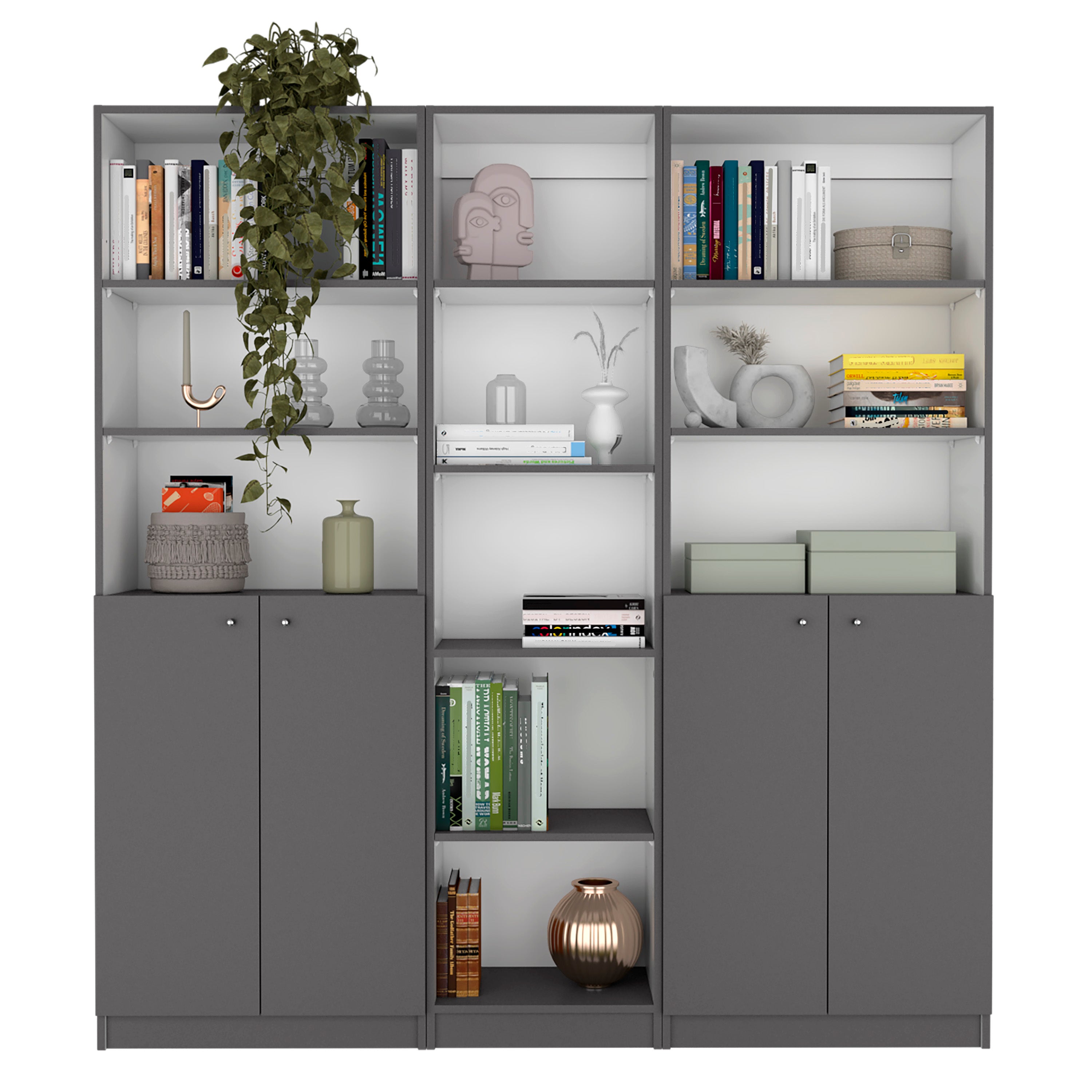 Acres 3 Piece Home Bookcase set, 67' Wide with 11 Shelves and Two Double-Door Cabinet ,  Living Room Set  Matt Gray / White |