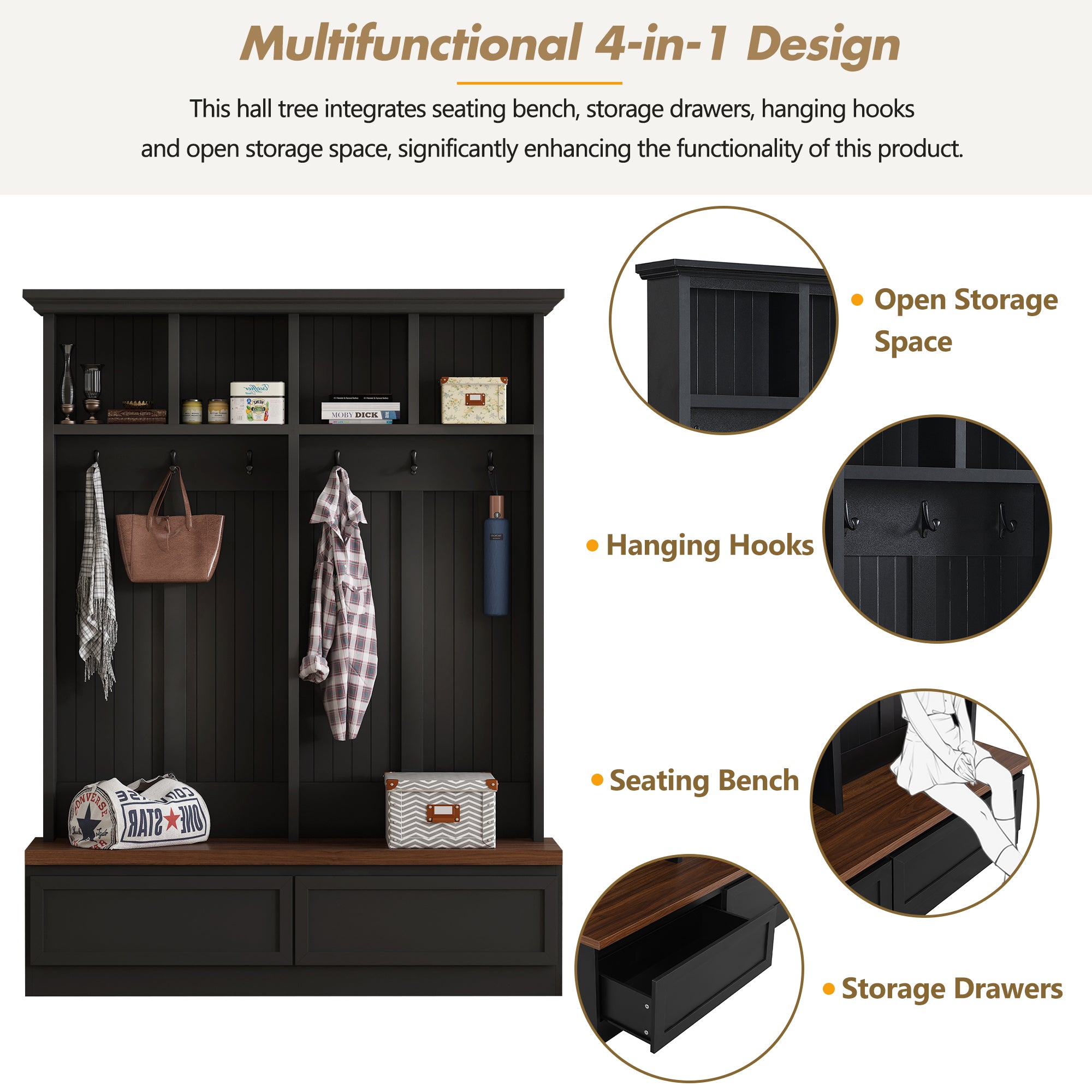 Farmhouse 4-in-1 Hall Tree with Wood Grain Bench, Mudroom Versatile Coat Rack with 2 Large Drawer, Entrance Organizer for Hallway, Living Room, Black, 55.9'W (OLD SKU: N721P313099B) - Grand Goldman Shop