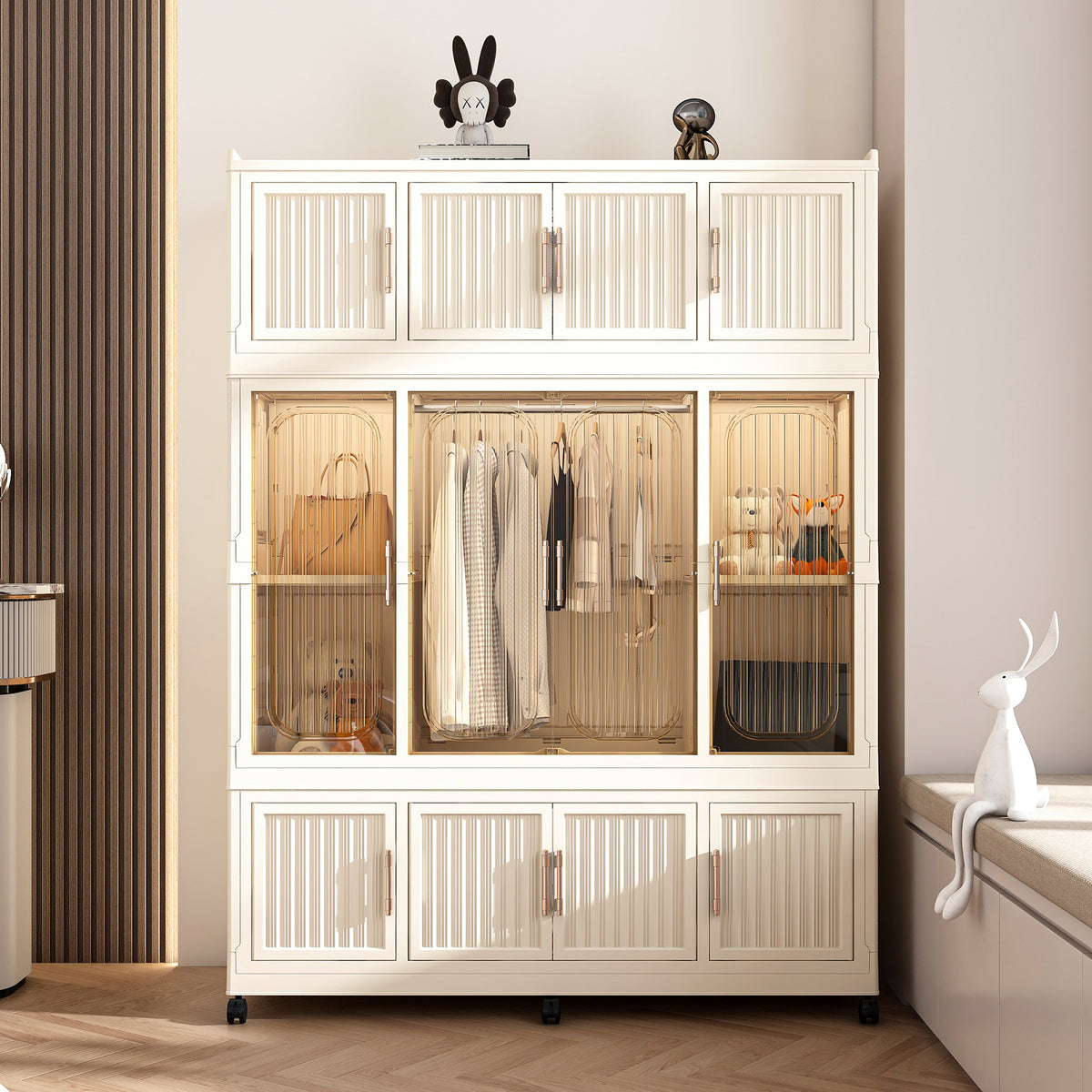 Portable Wardrobe Closet Storage Organizer for Clothes,Clothes Dresser,12 Magnetic Doors-12 Cubes & 1 Hanging Rod,6 pcs hangers , Baby Wardrobe Storage Cabinet,White - Grand Goldman Shop
