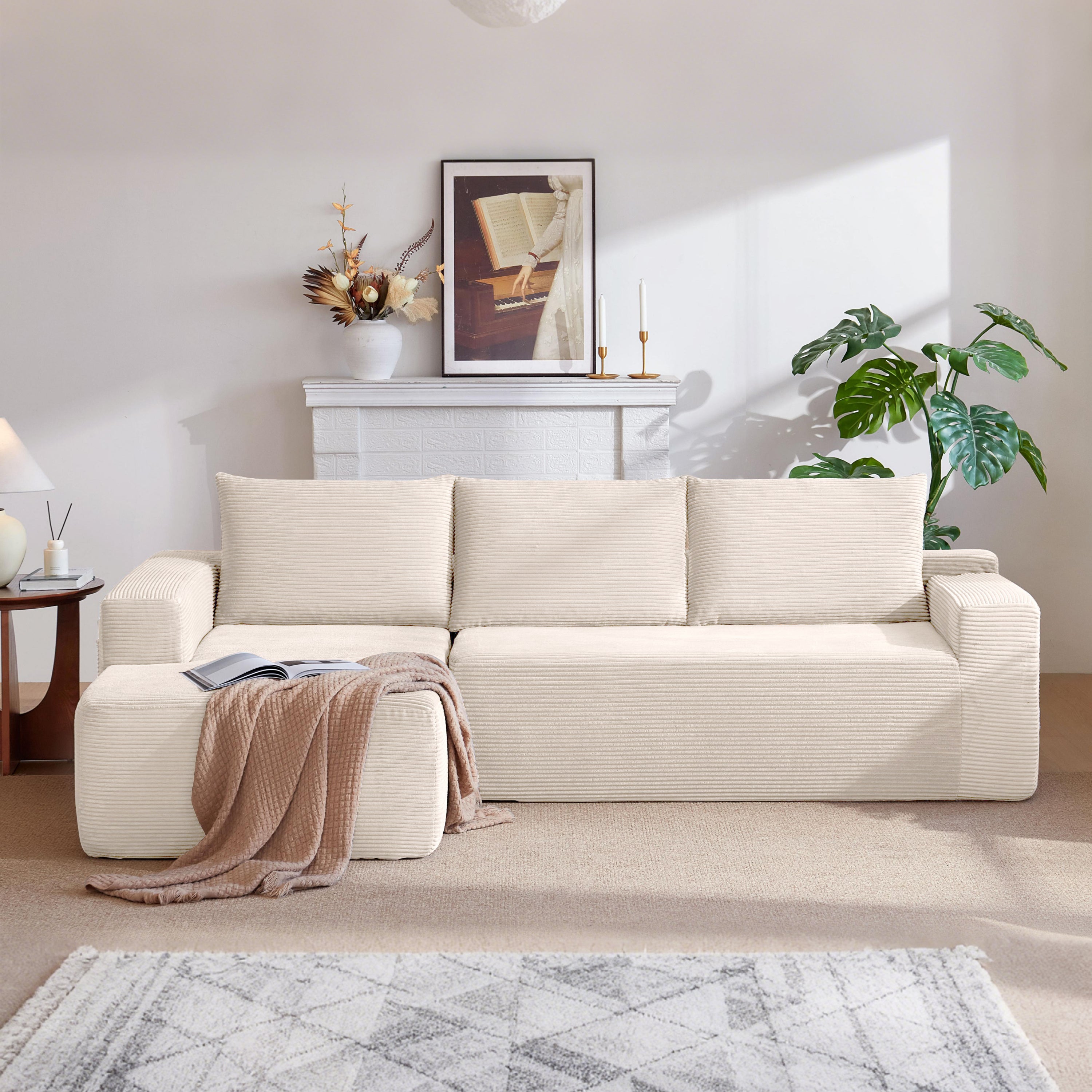 96.9''Cloud Sectional Couch with L-Shaped Chaise,Modern Modular Sofa with Deep Seat, Upholstered Couches for Living Room Bedroom,No Assembly Required,(Corduroy Fabric),White - Grand Goldman Shop
