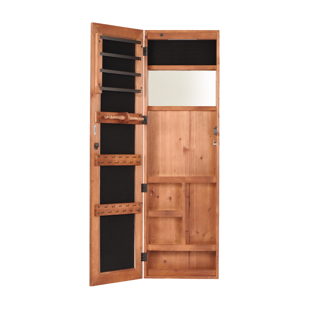 Solid Wood Jewelry Armoire Organizer Cabinet with Full-Length Mirror, Brown, Wall-Mounted Lockable with LED Light, 47.5x14.3 in - Grand Goldman Shop