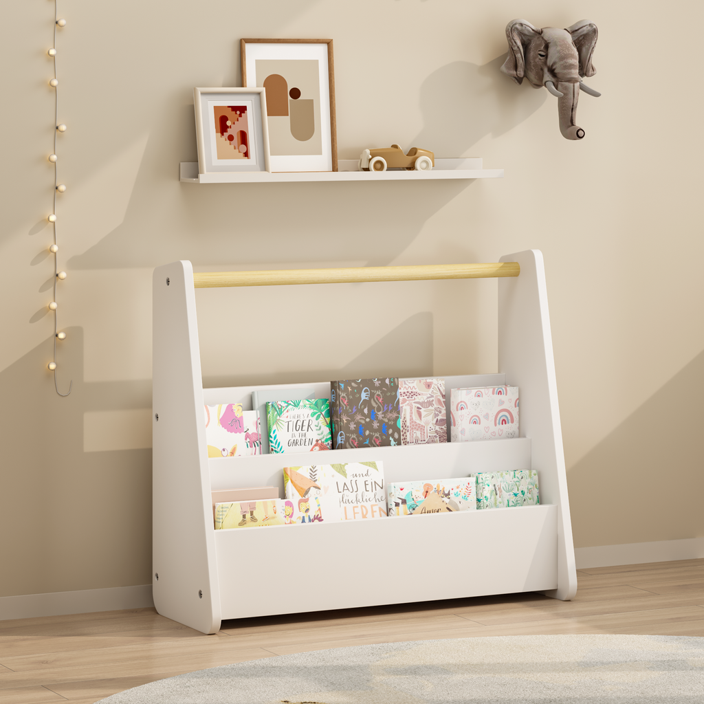 Kids Bookshelf with Wooden Handle, 2-Tier Front-Facing Toddler Bookcase, Portable Children's Book Storage Organizer for Bedro
