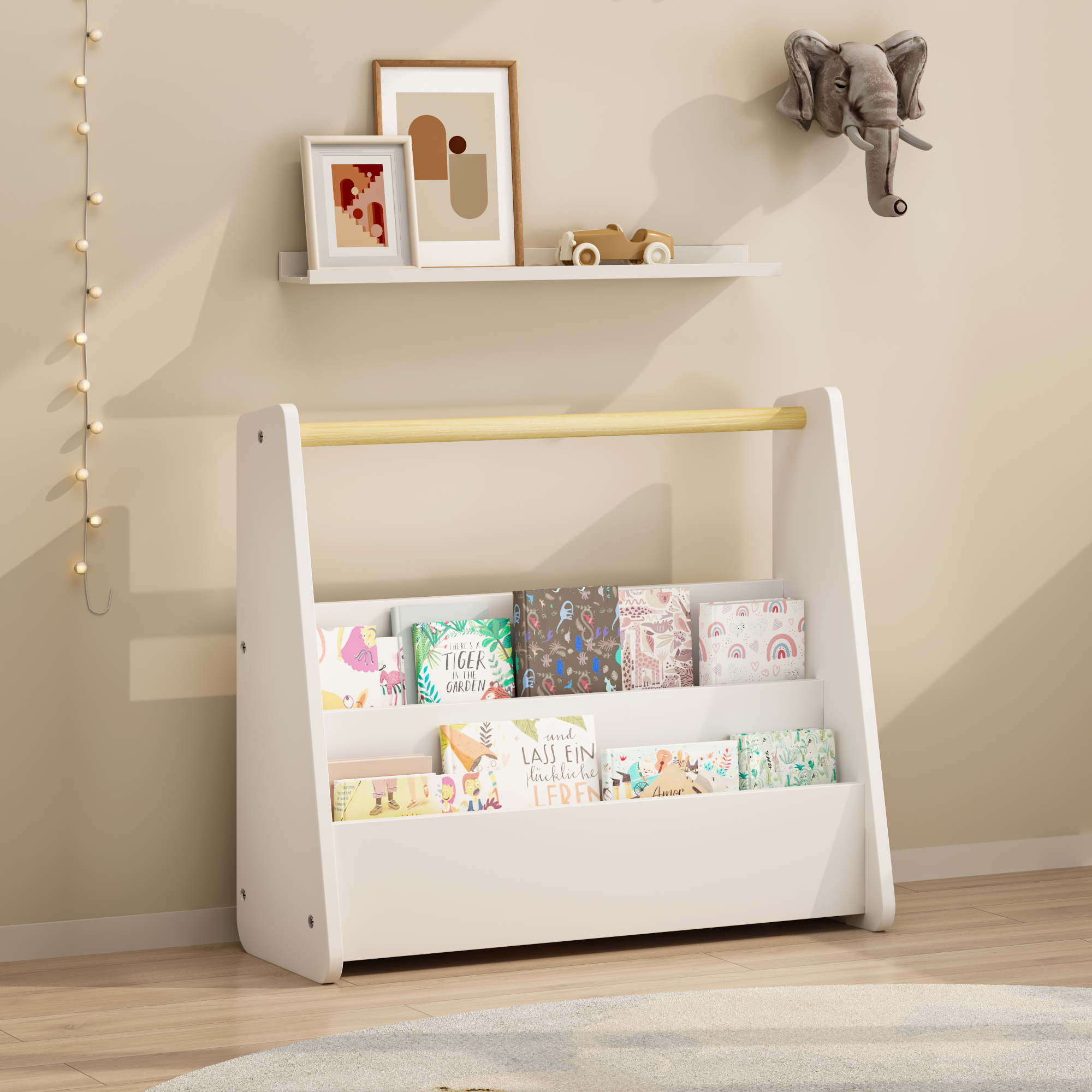 Kids Bookshelf with Wooden Handle, 2-Tier Front-Facing Toddler Bookcase, Portable Children's Book Storage Organizer for Bedro
