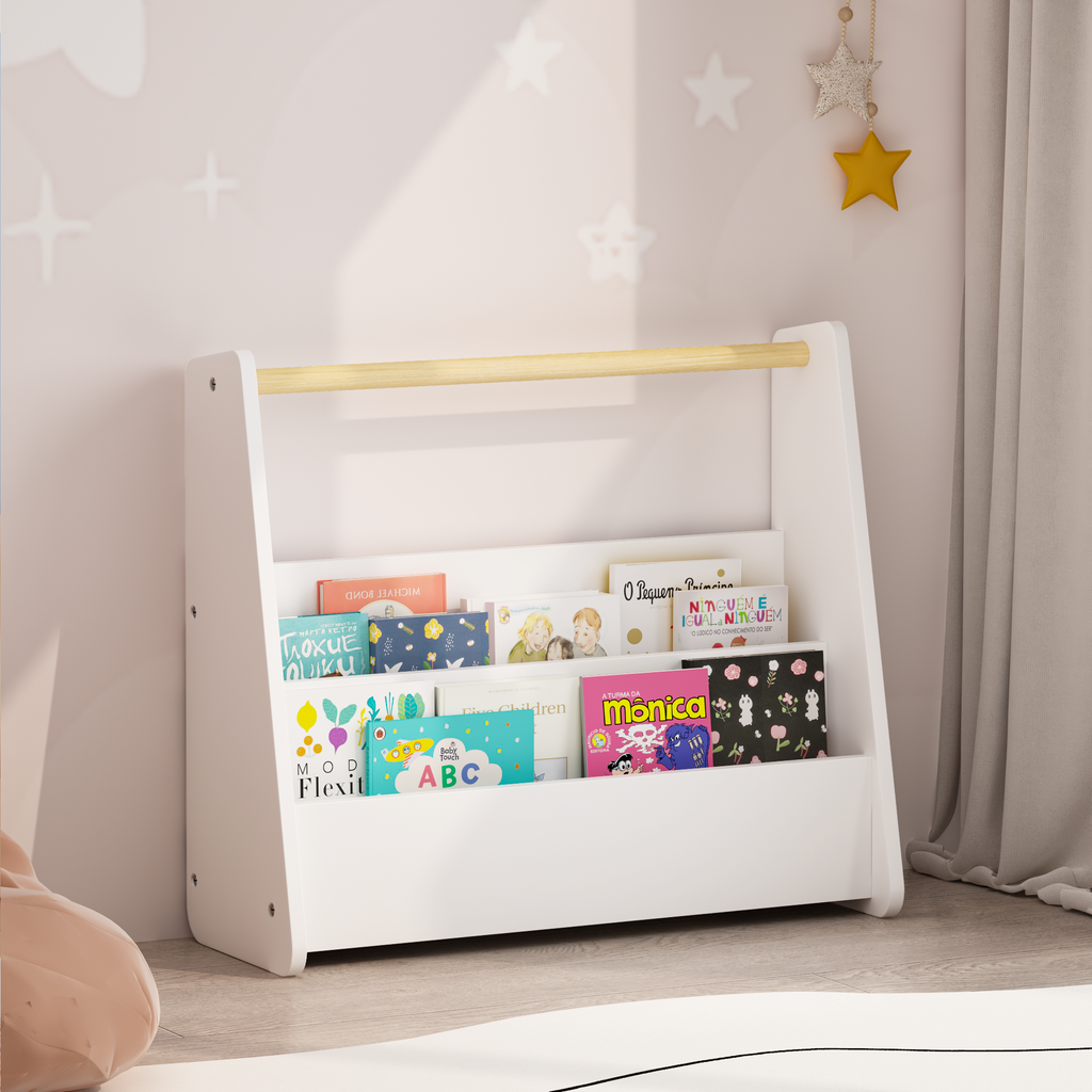 Kids Bookshelf with Wooden Handle, 2-Tier Front-Facing Toddler Bookcase, Portable Children's Book Storage Organizer for Bedro