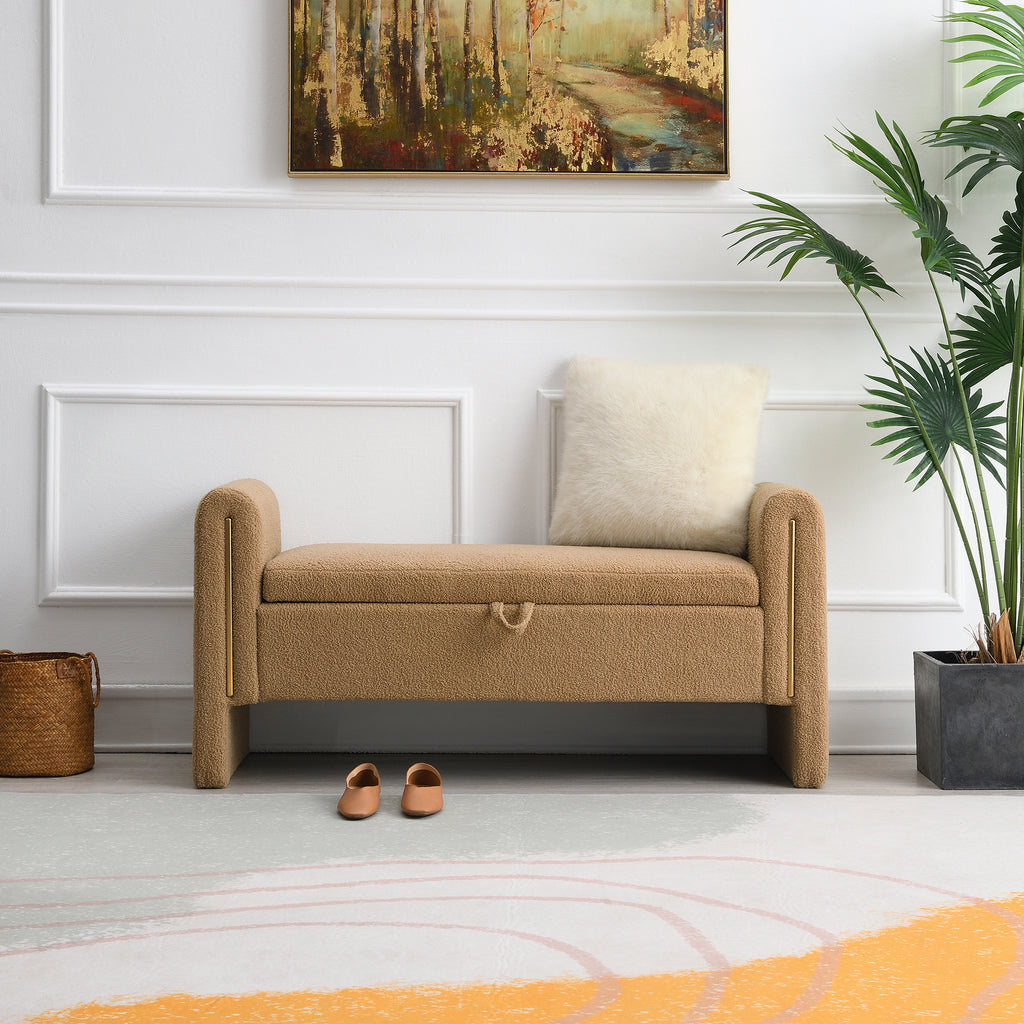 Modern Teddy Bed End Bench with Arms and Storage, Upholstered Foot Rest Stool, Coffee Color, Plywood, 52.3' Length - Grand Goldman Shop