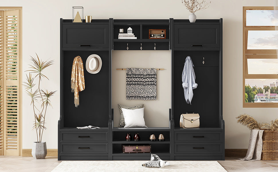 4-in-1 Detachable Hall Tree with Storage and 7 Hooks, Multiple Functions Hallway Coat Rack with Storage Drawers and Cabinet, Black Shoe Bench for Entryway Hallway - Grand Goldman Shop