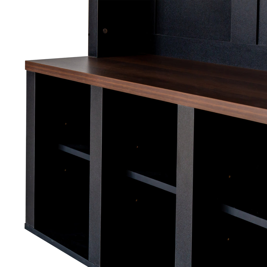 Farmhouse Wooden Hall Tree with 6 Hooks, Walnut Storage Bench with Adjustable Shelves,  4-in-1 Entryway Shoe Cabinet with Cubbies for Mudroom, Living Room, Black, 76.7'H (OLD SKU: N721S000044B) - Grand Goldman Shop