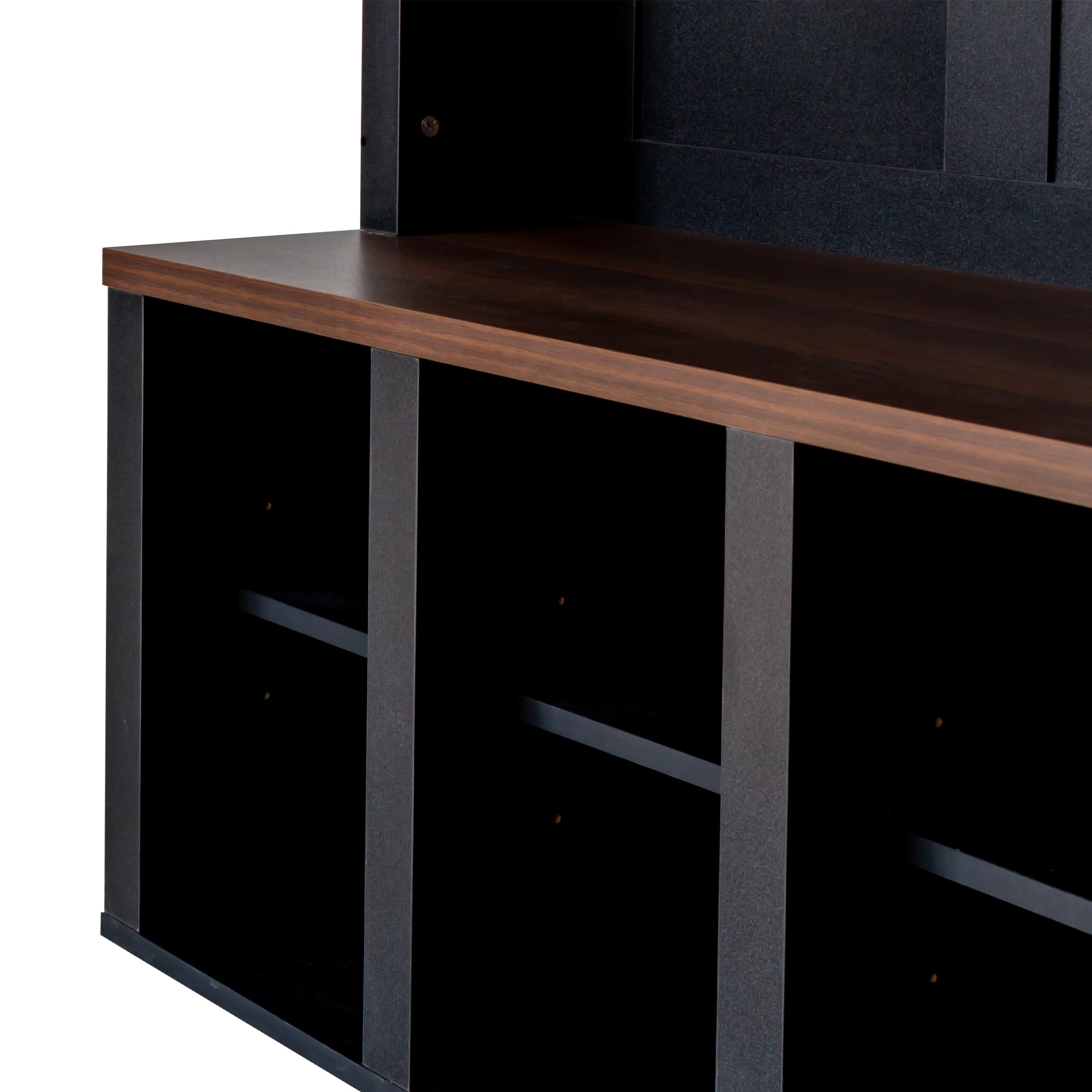 Farmhouse Wooden Hall Tree with 6 Hooks, Walnut Storage Bench with Adjustable Shelves,  4-in-1 Entryway Shoe Cabinet with Cubbies for Mudroom, Living Room, Black, 76.7'H (OLD SKU: N721S000044B) - Grand Goldman Shop