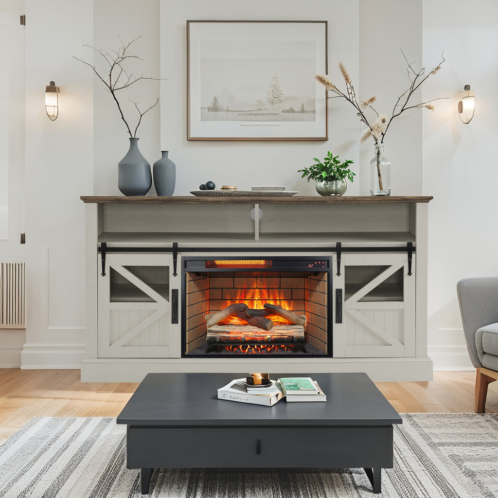 60 Inch Electric Fireplace  Entertainment Center With Door Sensor-Jasmine white color - Grand Goldman Shop