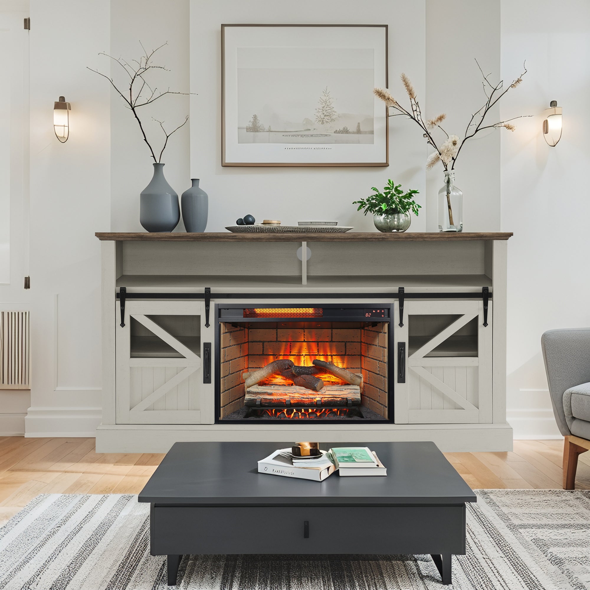 60 Inch Electric Fireplace  Entertainment Center With Door Sensor-Jasmine white color - Grand Goldman Shop