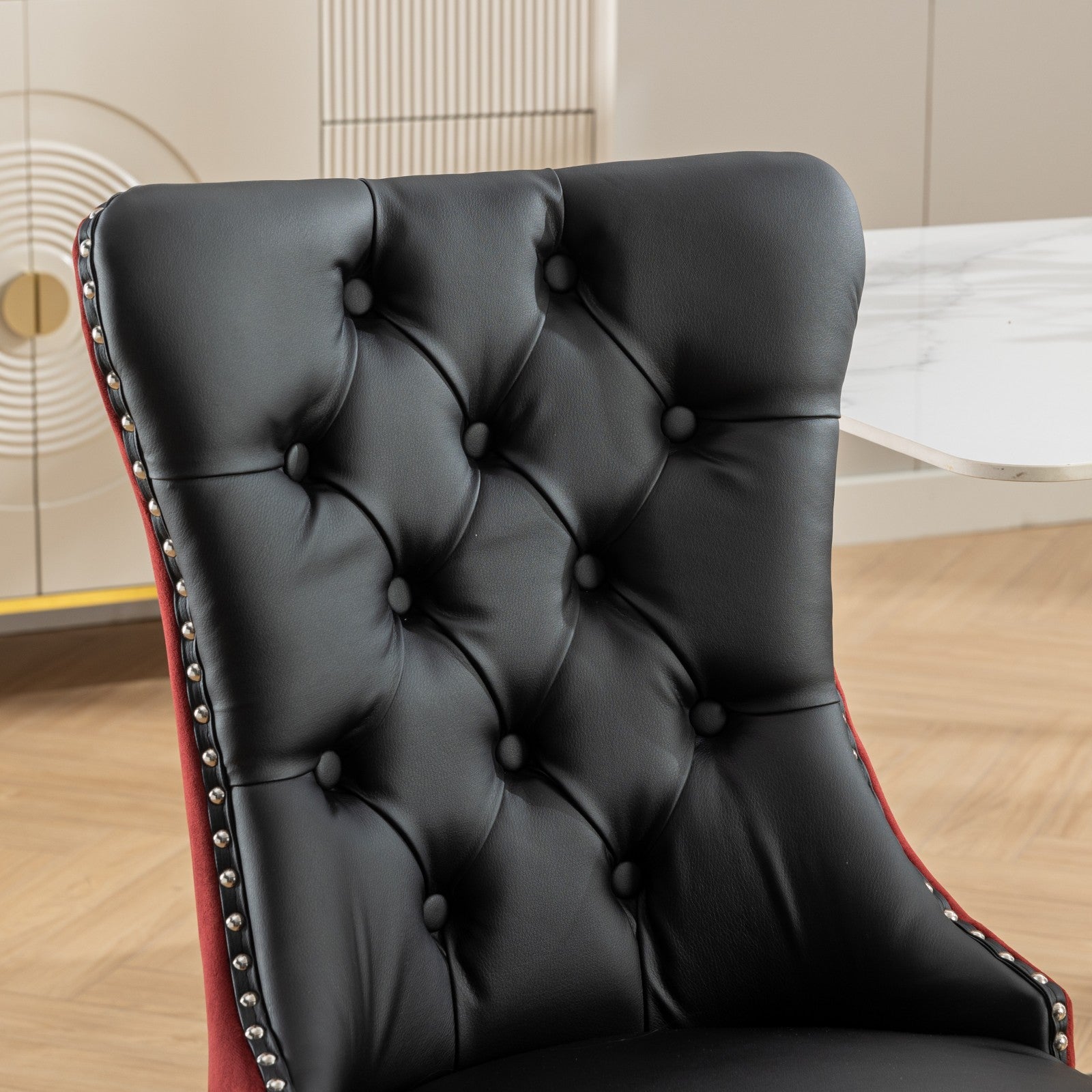 A&A Furniture, Nikki Collection Modern, High-end Tufted Solid Wood Contemporary PU and Velvet Upholstered Dining Chair with Wood Legs Nailhead Trim  2-Pcs Set, Black+WineRed, Burgundy,SW2101BW - Grand Goldman Shop