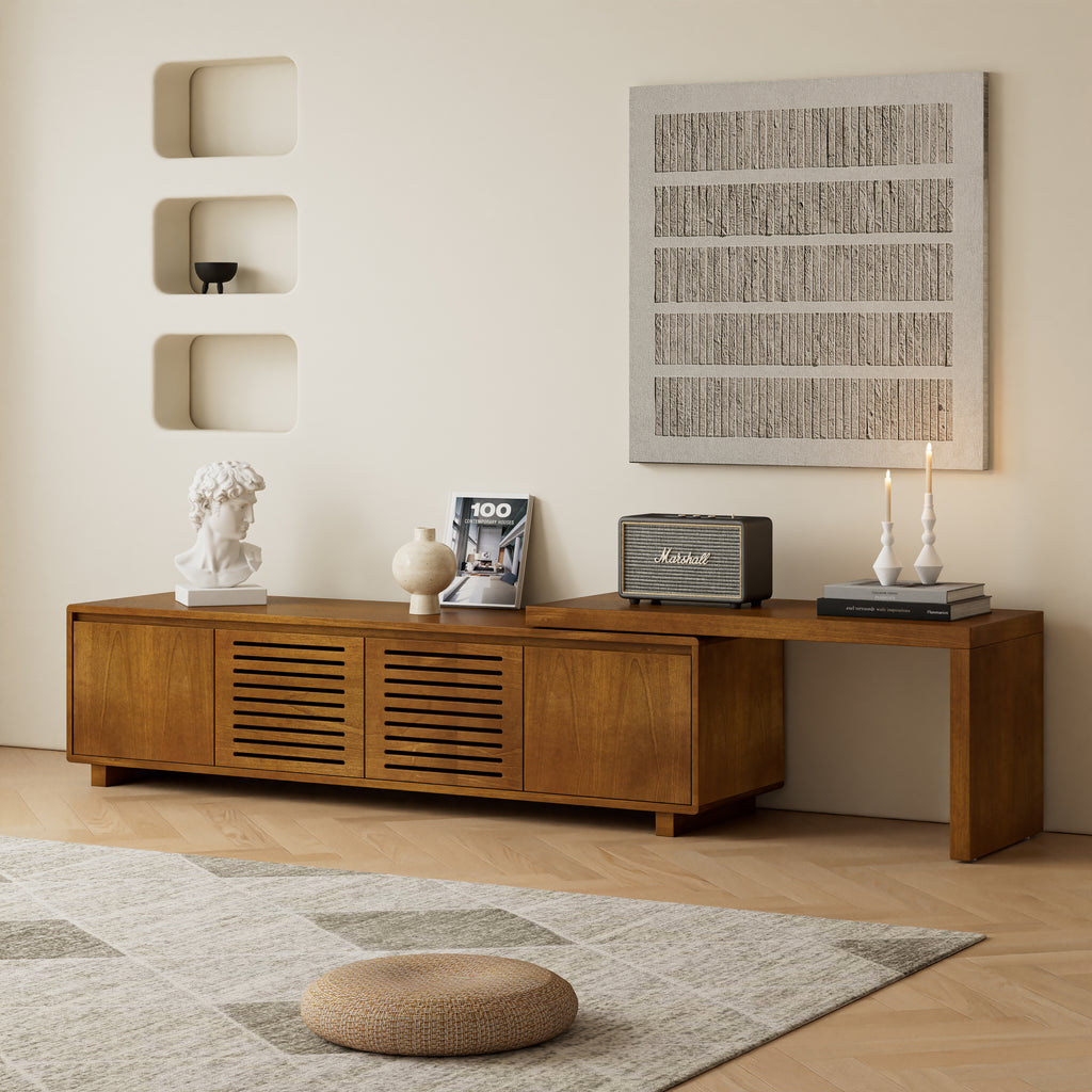 63' Mid-Century Modern Extendable TV Stand for TVs up to 75', Media Console TV Cabinet for Living Room, Farmhouse Entertainment Cabinet with Storage & Adjustable Panel - Grand Goldman Shop