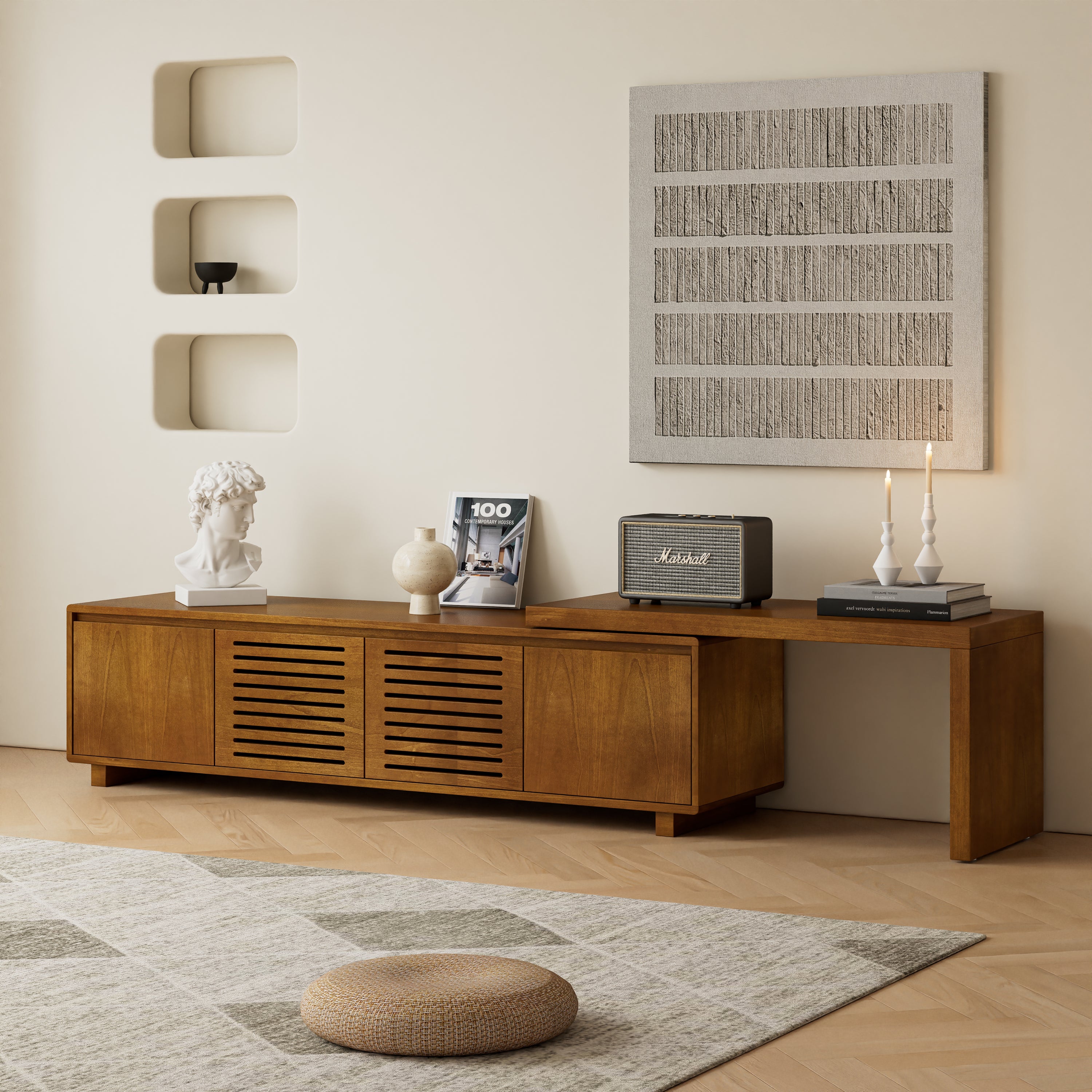 63' Mid-Century Modern Extendable TV Stand for TVs up to 75', Media Console TV Cabinet for Living Room, Farmhouse Entertainment Cabinet with Storage & Adjustable Panel - Grand Goldman Shop