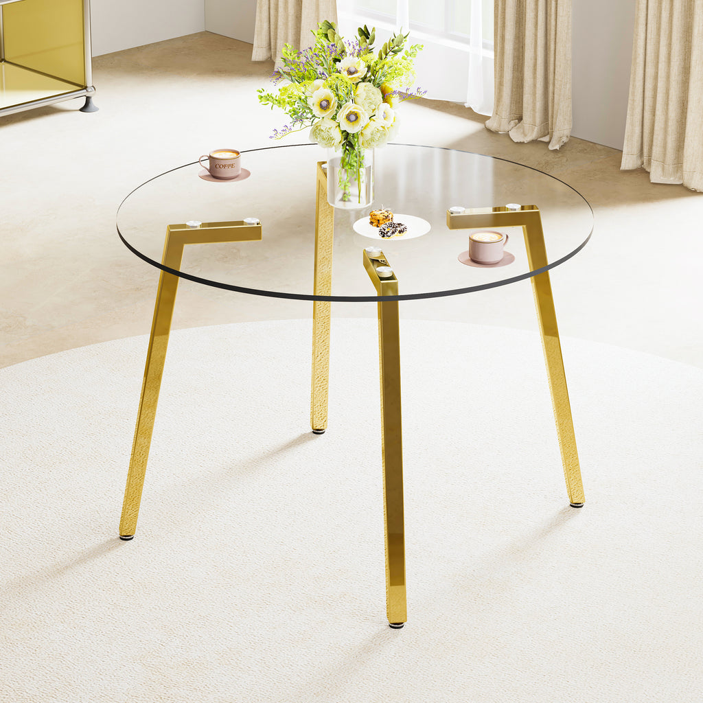 Modern minimalist style circular transparent tempered glass table, tempered glass tabletop, golden metal legs, suitable for kitchen, dining room, and living room, 42 '* 42' * 29.5 '1123r - Grand Goldman Shop