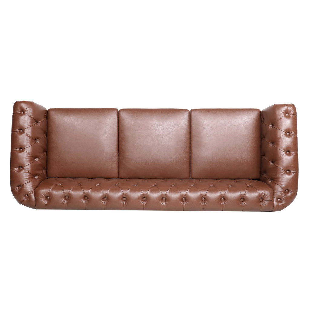 Classic Chesterfield Three Seater Sofa Brown PU Leather with Rolled Arms and Birch Legs 84.65 Inches - Grand Goldman Shop
