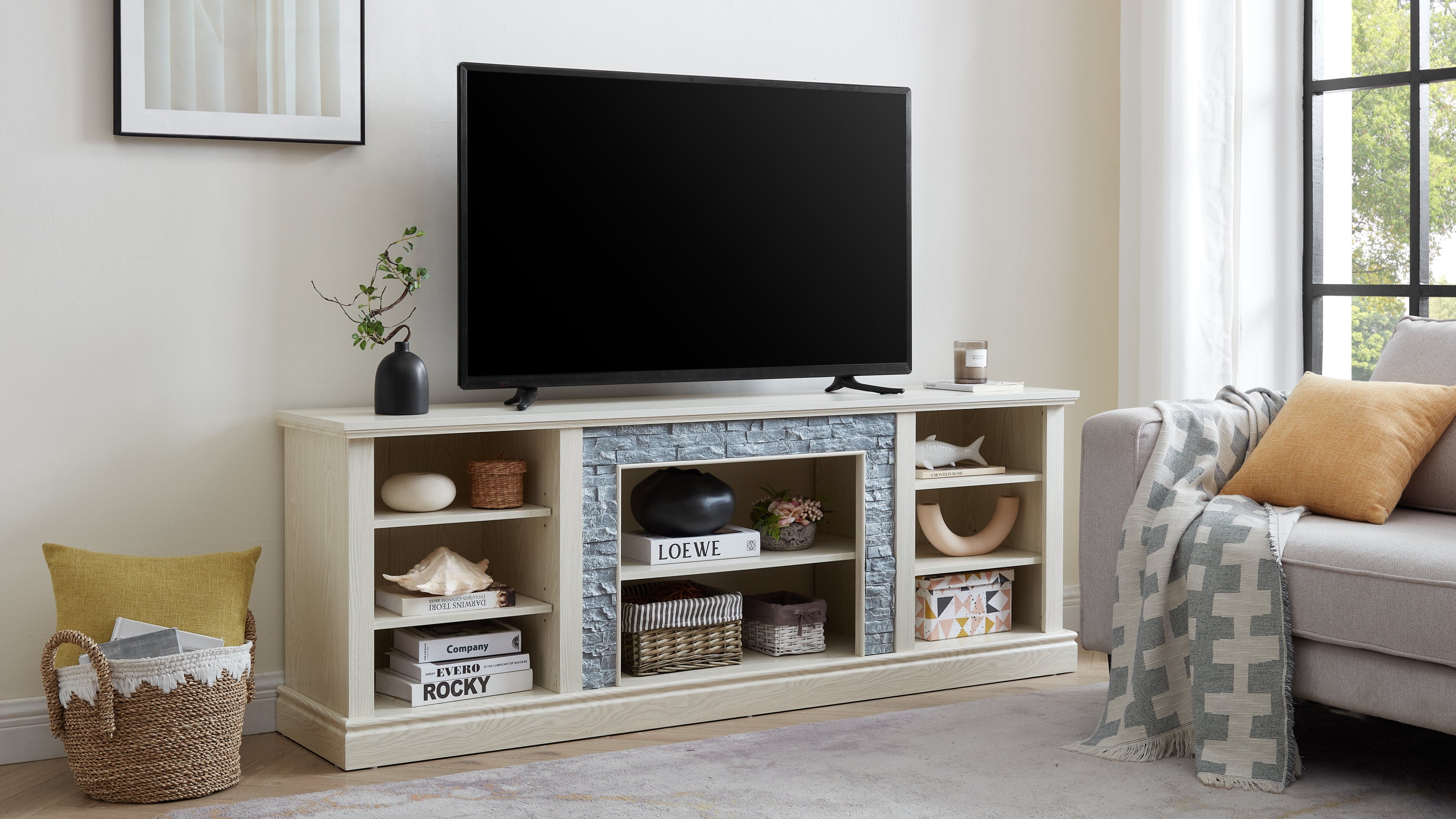 Large TV Desk Storage Rack with Faux Stacked Stone Surround,Media Console Table with Large Storage Cabinet,Modern TV Media Entertaionment Stand,WHITE, 70.12'W*15.35'D*25.83'H - Grand Goldman Shop