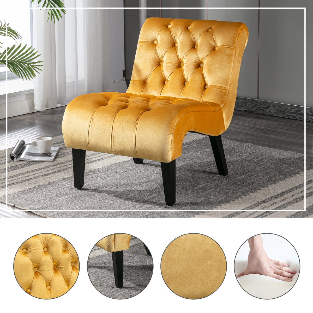 COOLMORE Modern Velvet Armless Accent Living Room Chair / Leisure Chair,Upholstered Fabric Button Comfortable Chair with Wooden Legs for Bedroom, Living Room, Office (Mustard Velvet) - Grand Goldman Shop