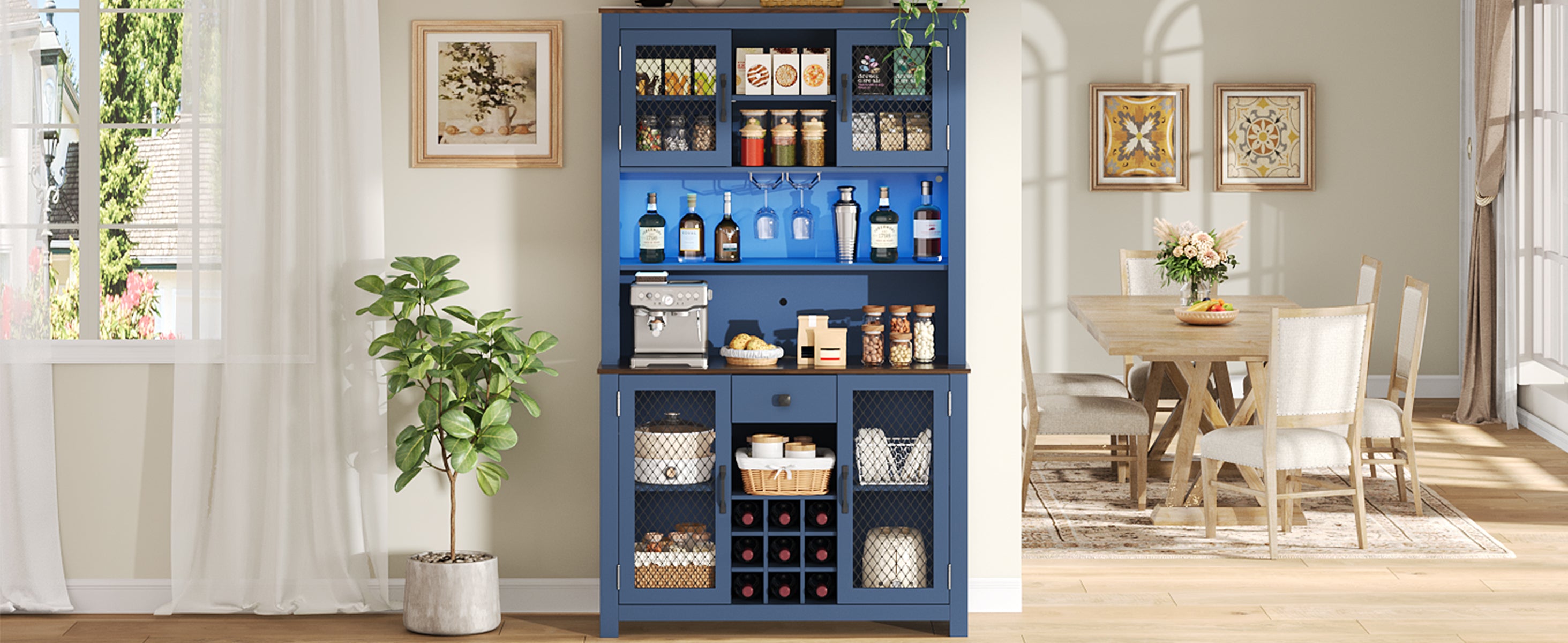 70.9' Kitchen Pantry Storage Cabinet Rustic Buffet Cabinet, Kitchen Hutch Cabinet with LED Outlets Food Pantry Cabinet with Doors and Shelves Wine Rack for Dining Room, Navy Blue - Grand Goldman Shop