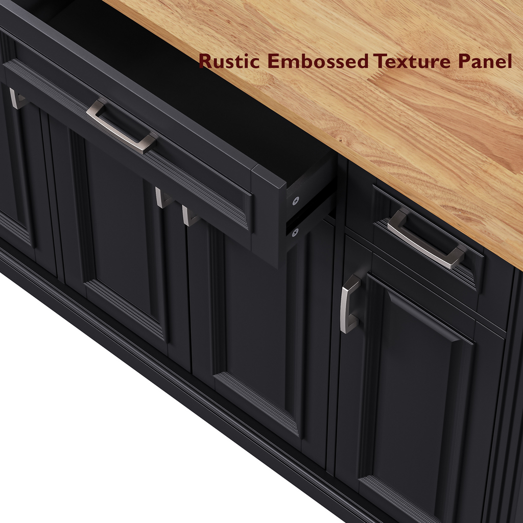 K&K 54inch Large Kitchen Island with Rubber Wood Drop Leaf, Embossed Texture Rolling Kitchen Cart on 4 Wheels with 4 Doors and 3 Drawers, Kitchen Island with Storage for Kitchen, Dining Room,Black - Grand Goldman Shop