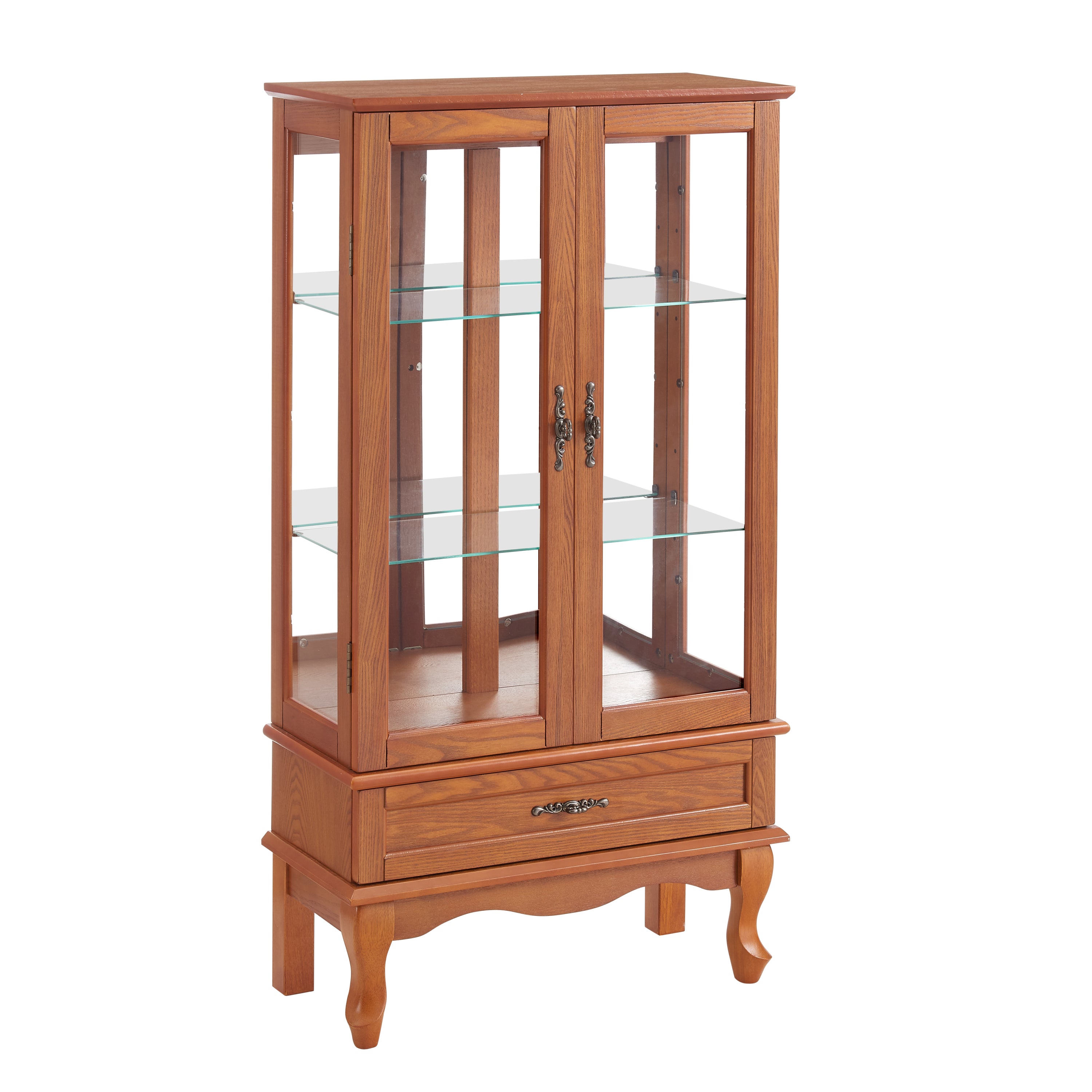 Lighted Glass Cabinet Glass Wine Cabinet Curio Display Cabinet with Adjustable Glass Shelves 2 Doors and 1 drawer Cabinet Bulb Included OAK - Grand Goldman Shop