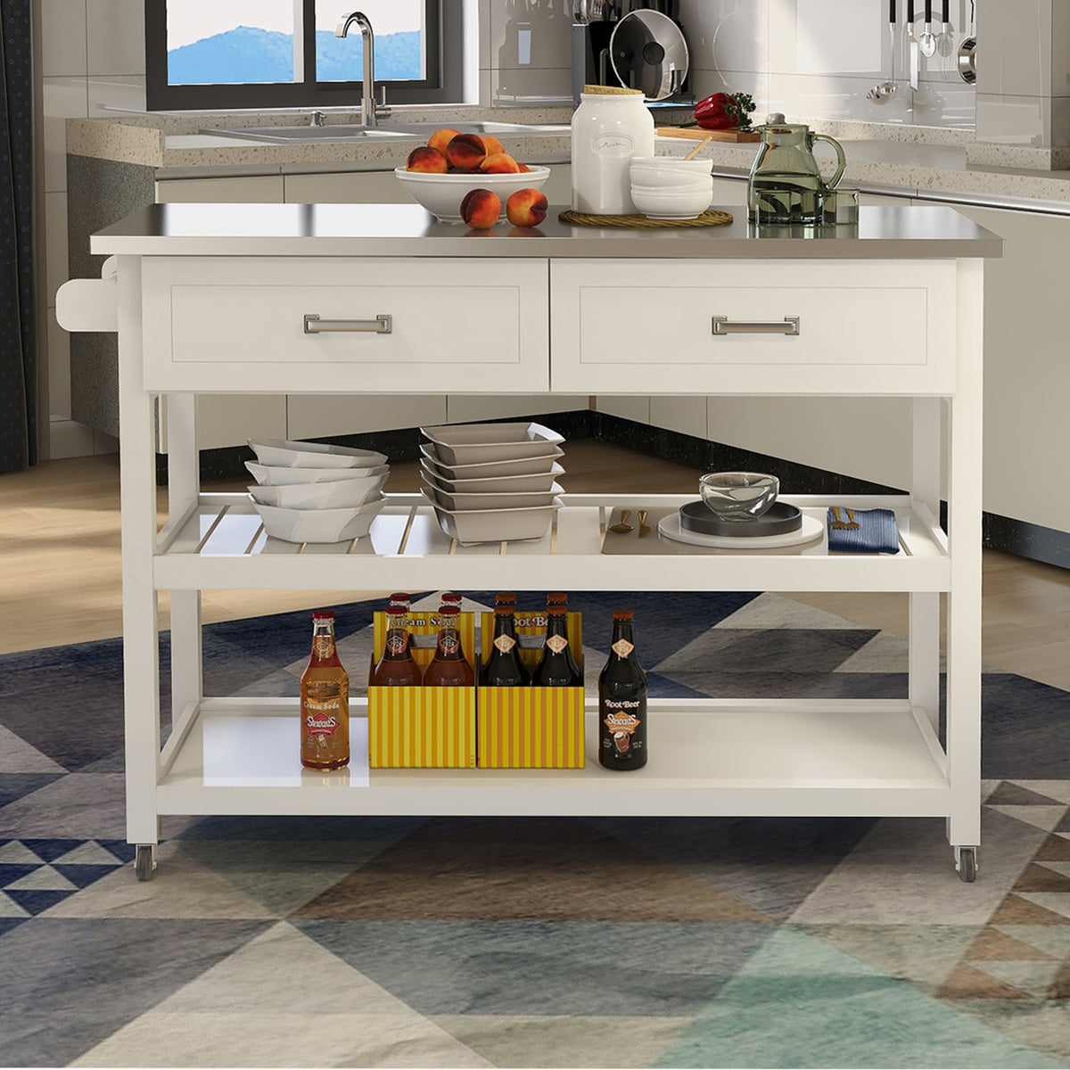 Stainless Steel Table Top White Kicthen Cart With Two Drawers - Grand Goldman Shop