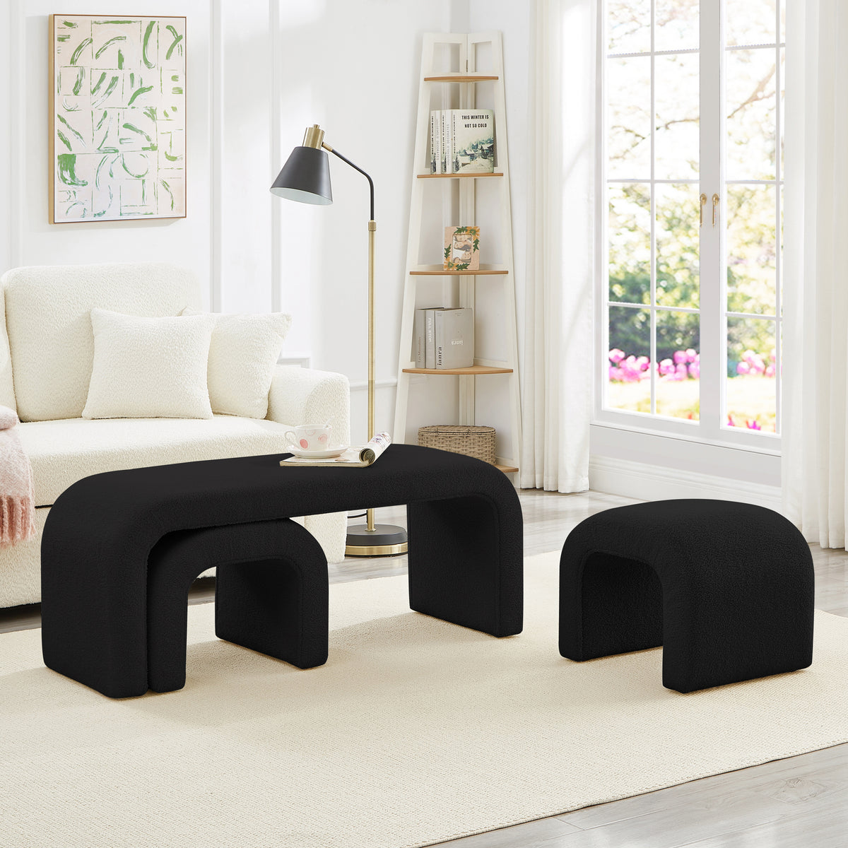 Set of 3 U-Shaped Modern Bench Teddy  Ottoman Bench for Entryway, Bedroom End of Bed, Set of 3 Small Sofa Footrest Extra Seating for Living Room, 44+18 Inch Bench Bench & Ottoman- Black - Grand Goldman Shop