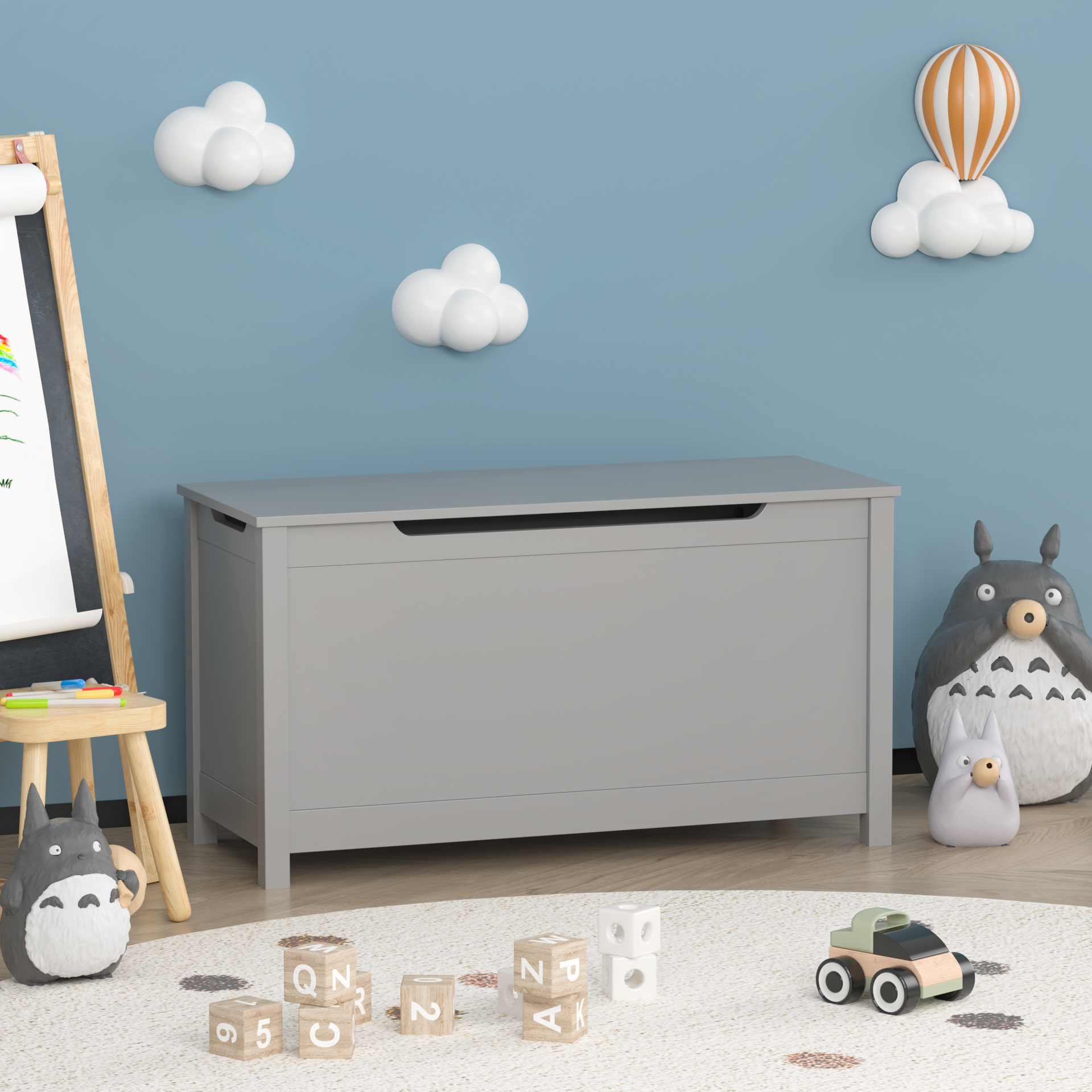 Kids Wooden Toy Box Storage with Safety Hinged Lid for Ages 2+ (Gray) | Premium Home Decor - Grand Goldman