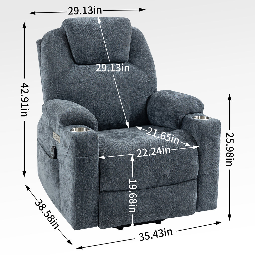 Up to 350 LBS Chenille Power Lift Recliner Chair, Heavy Duty Motion Mechanism with 8-Point Vibration Massage and Lumbar Heating, USB and Type-C Ports, Stainless Steel Cup Holders, Blue - Grand Goldman Shop