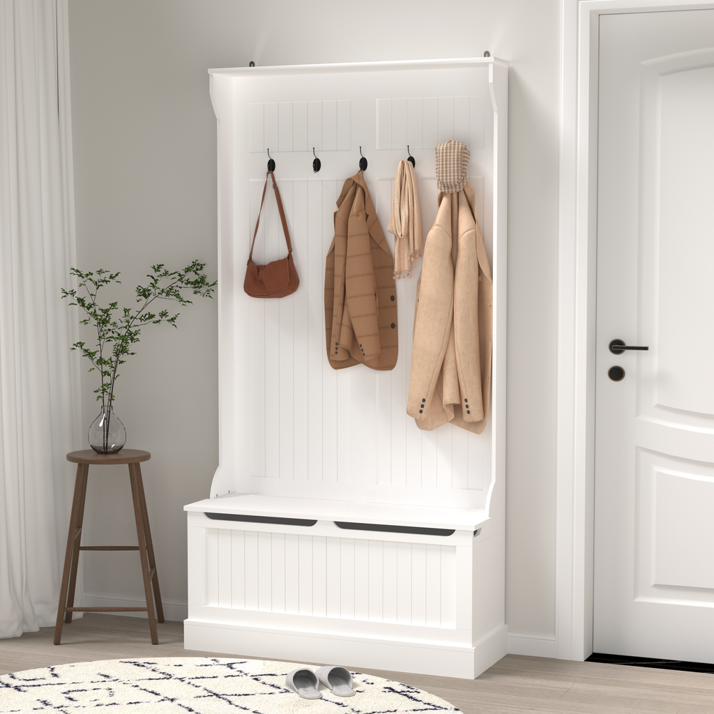 Entryway Bench with Standing Coat Rack, Hall Tree with Shoe Storage Bench, Entryway Organizer with 5 Hooks, White - Grand Goldman Shop