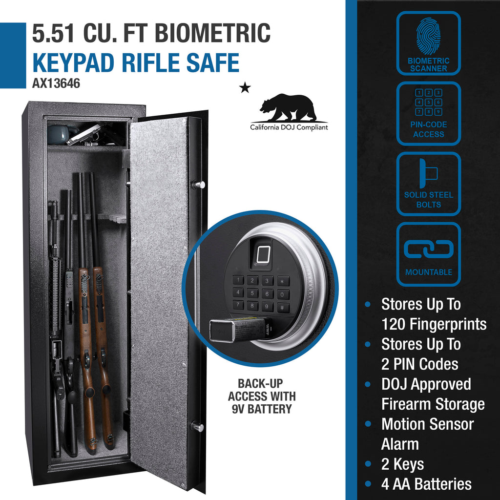 Biometric Keypad Rifle Safe with Advanced Security Features in Black Steel, 5.51 Cubic Ft | Premium Home Decor - Grand Goldma