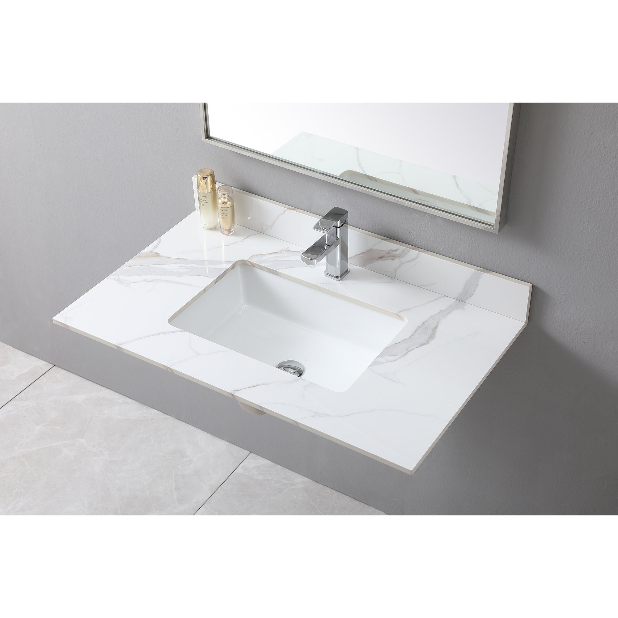 Montary 37inch bathroom vanity top stone carrara gold new style tops with rectangle undermount ceramic sink and single faucet hole - Grand Goldman Shop