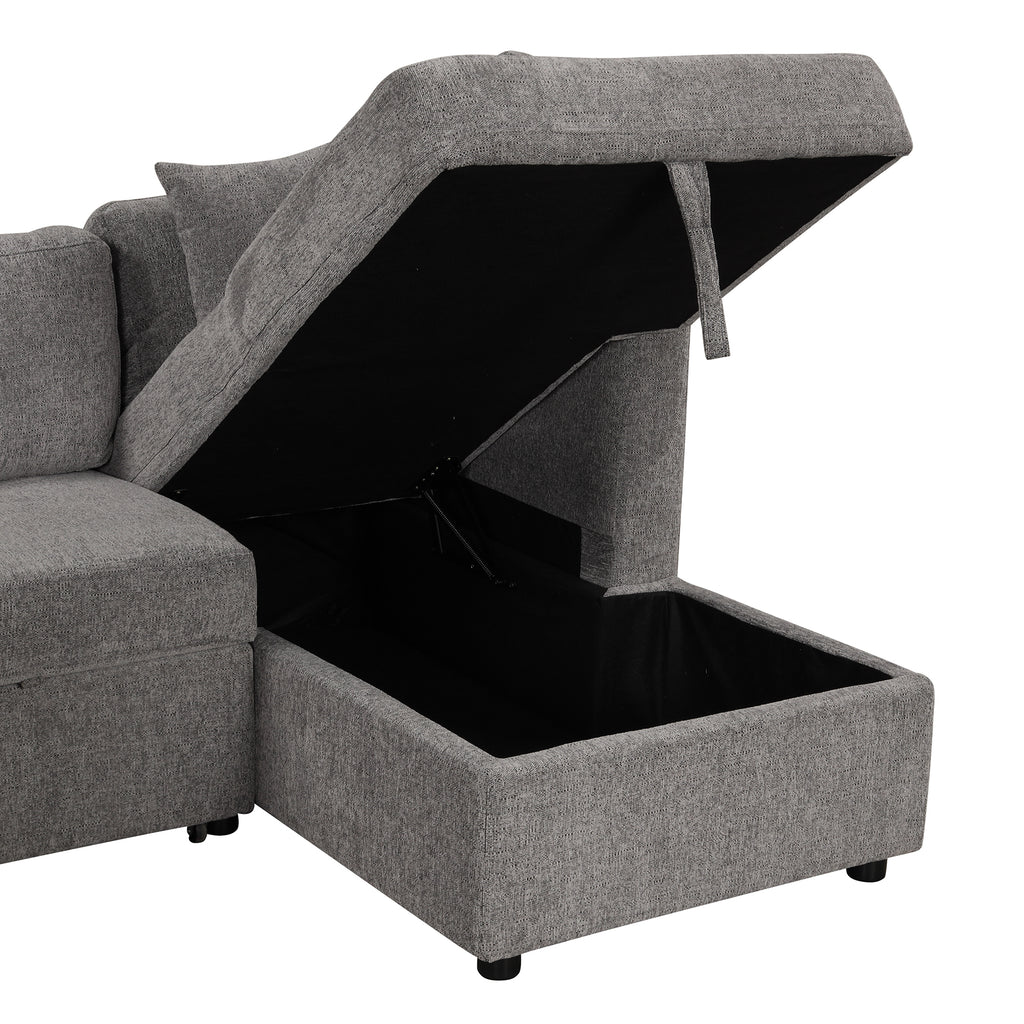 U-shaped Sectional Sofa Pull out Sofa Bed with USB Ports, Power Sockets, Storage Chaise, Light Gray Chenille, 108.6' - Grand Goldman Shop