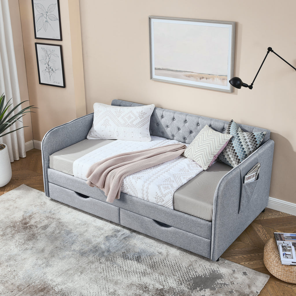 Linen Grey Mid-Century Style Twin Daybed with Trundle and Storage Drawers, Flat Arms with Pocket, Extendable for Bedroom or Living Room - Grand Goldman Shop