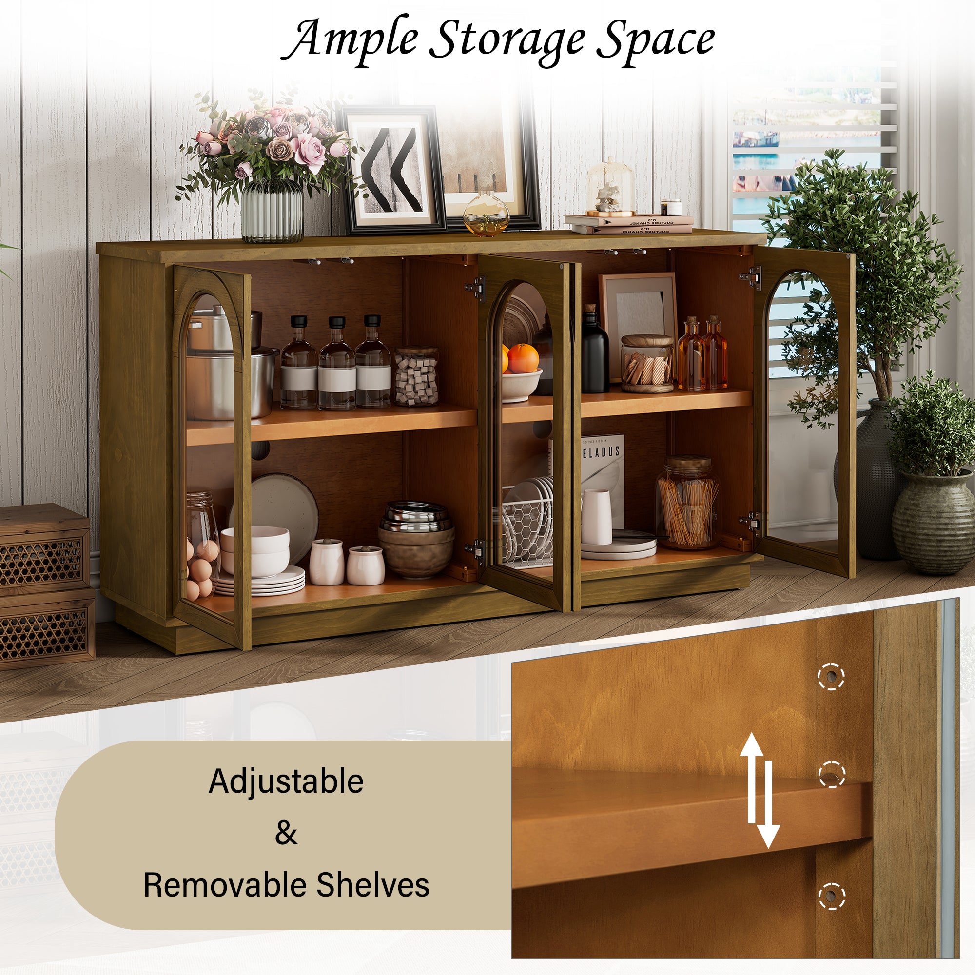 TREXM 4-Door Large Storage Buffet Cabinet with Glass Doors, Arched Cabinet with Adjustable Shelves for Kitchen, Dining Room and Living Room (Old Pine) - Grand Goldman Shop