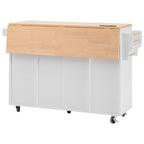 K&K Fluted Kitchen Island with Storage, 55.5' Kitchen Island with Drop Leaf, Power Outlet, 4 Doors and 3 Drawers, Rolling Island Table with Wood-grain Top, Curved Edge for Kitchen,Dining Room White - Grand Goldman Shop