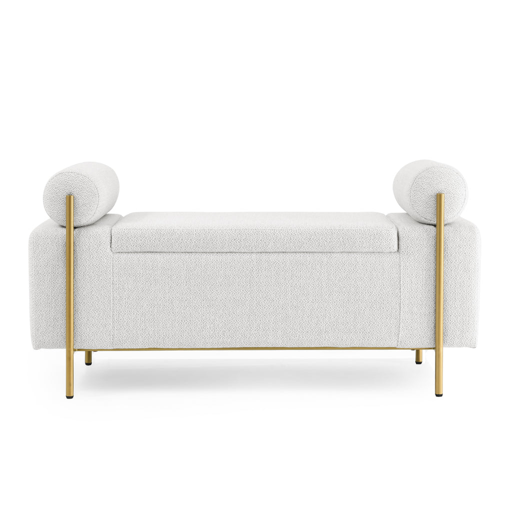 Elegant Upholstered Linen Storage Bench with Cylindrical Arms and Iron Legs, White - Grand Goldman Shop