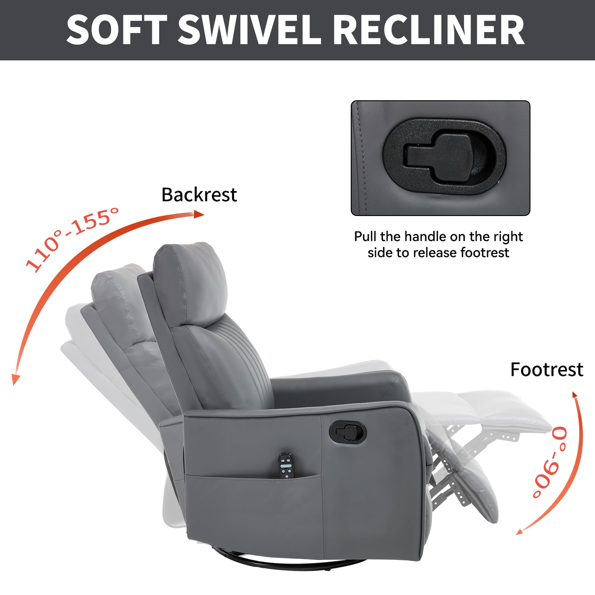 Grey Faux Leather Heat Massage Manual Recliner Chair with Rocker and Swivel for Living Room - Grand Goldman Shop