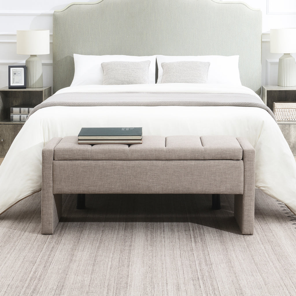 Modern Upholstered Bed End Bench with Storage, Comfy Linen Grey Brown Foot Rest - Grand Goldman Shop