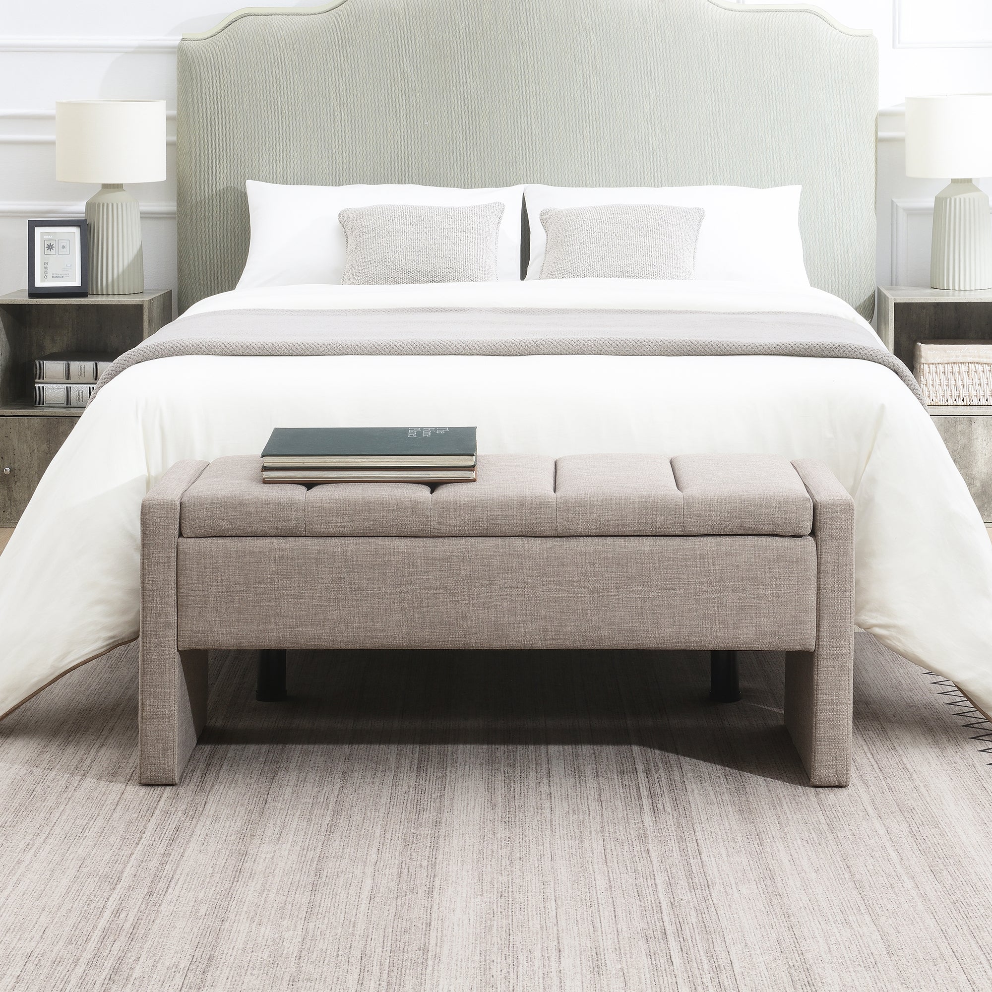 Modern Upholstered Bed End Bench with Storage, Comfy Linen Grey Brown Foot Rest - Grand Goldman Shop