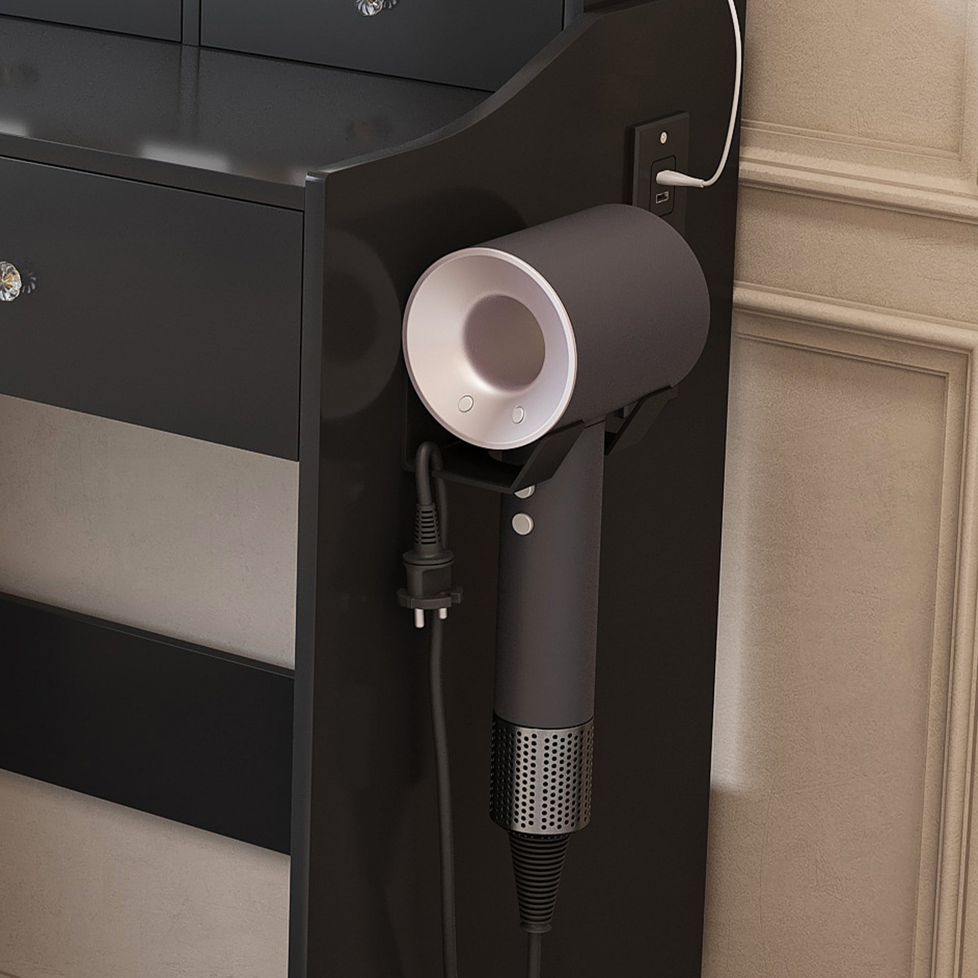 Modern Black Makeup Vanity Set with Power Outlet, Hair Dryer Holder, and Adjustable Lighting - Grand Goldman Shop