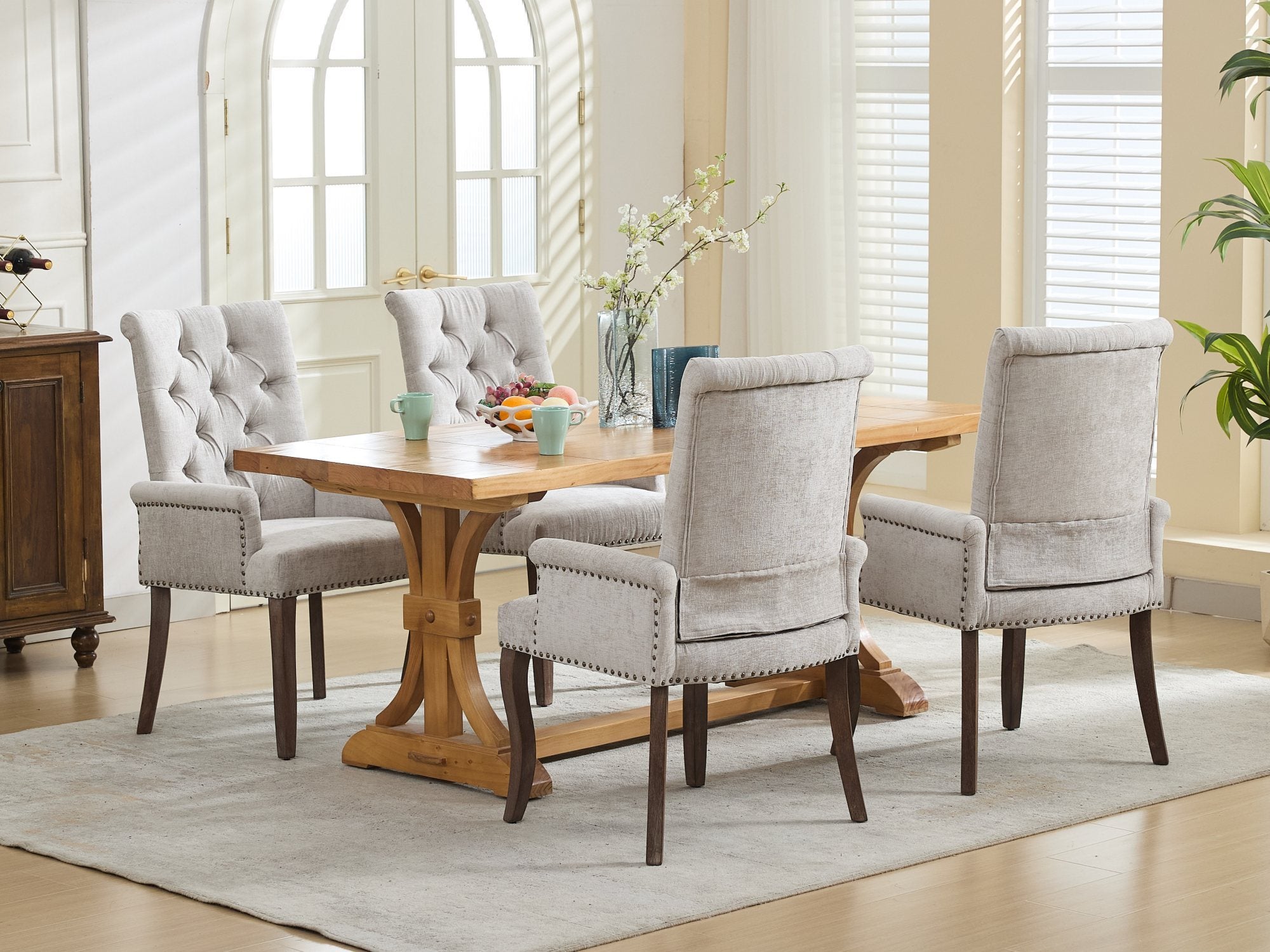 Upholstered Chenille Fabric Accent Dining Chair, Curved Solid Wood Legs, Elegant Tufted Club Dining Room Kitchen Room Arm Dining Chair, Single Pack,Beige,SW1895BG - Grand Goldman Shop