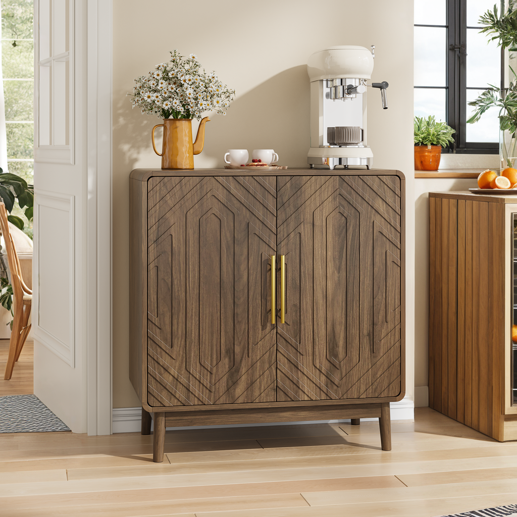Modern Sideboard Buffet Cabinet with Carved 2 Doors and Adjustable Layer Board for Living Room and Kitchen, Walnut, MDF - Grand Goldman Shop
