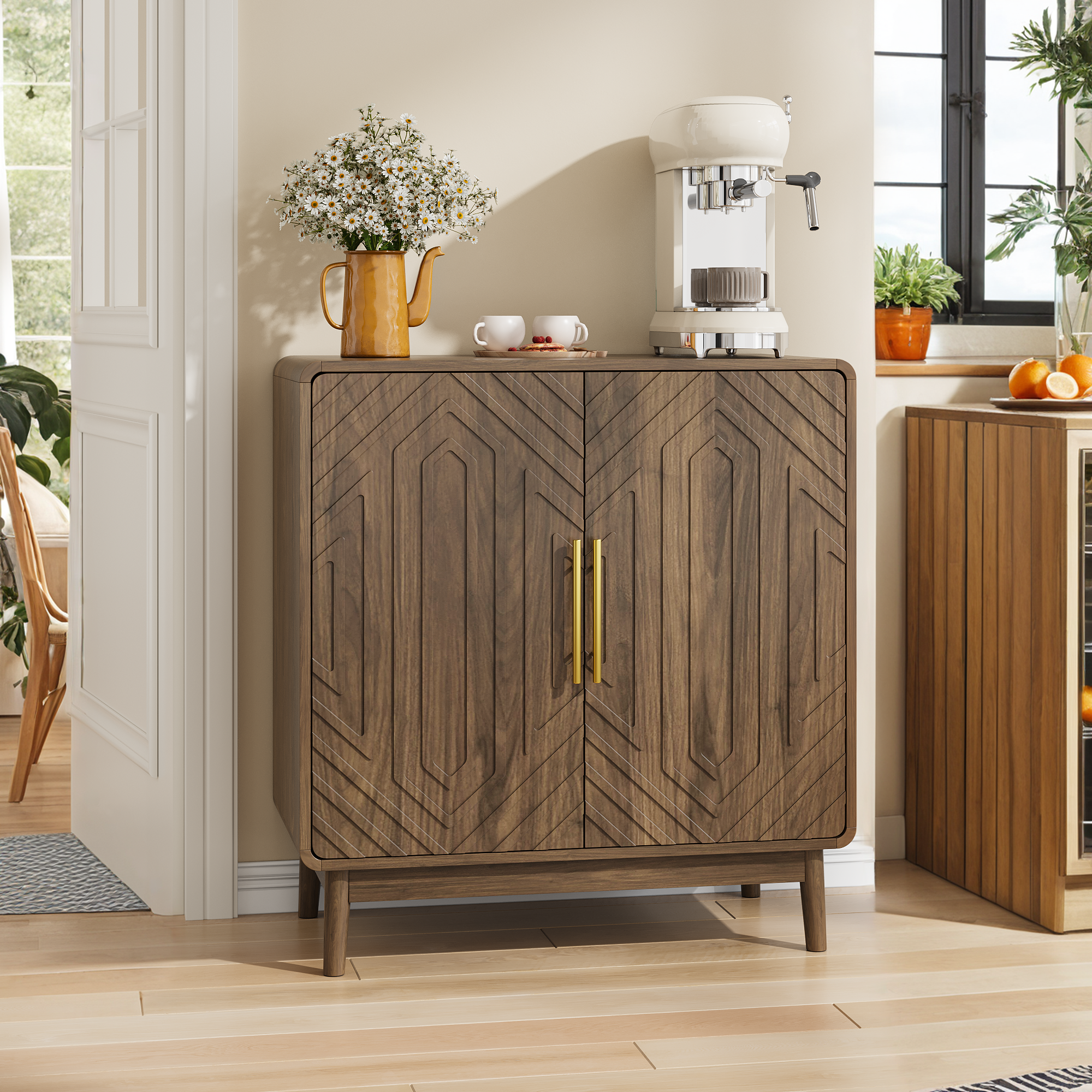 Modern Sideboard Buffet Cabinet with Carved 2 Doors and Adjustable Layer Board for Living Room and Kitchen, Walnut, MDF - Grand Goldman Shop