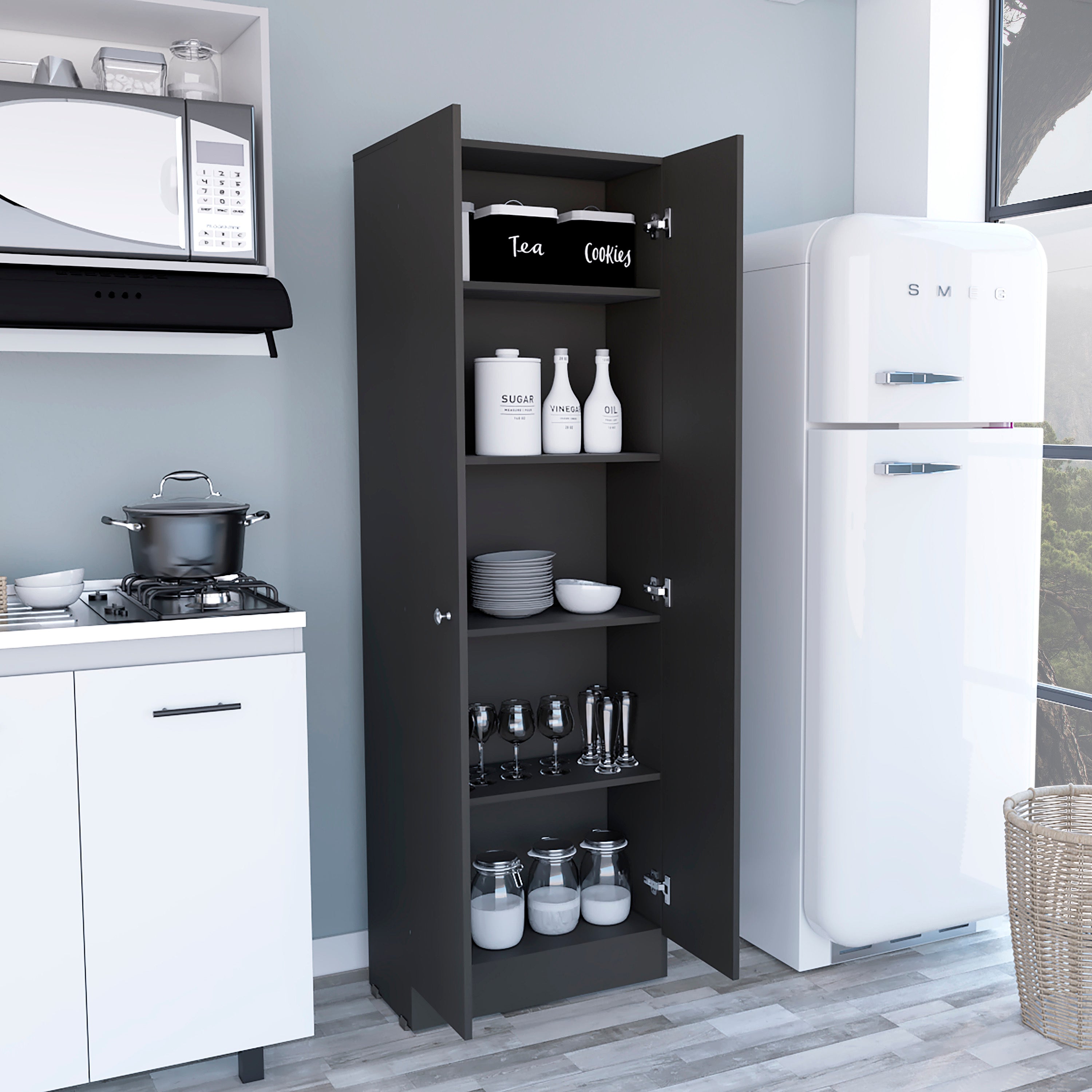 Multistorage Pantry Cabinet, Five Shelves, Double Door Cabinet -Black | Premium Home Decor - Grand Goldman