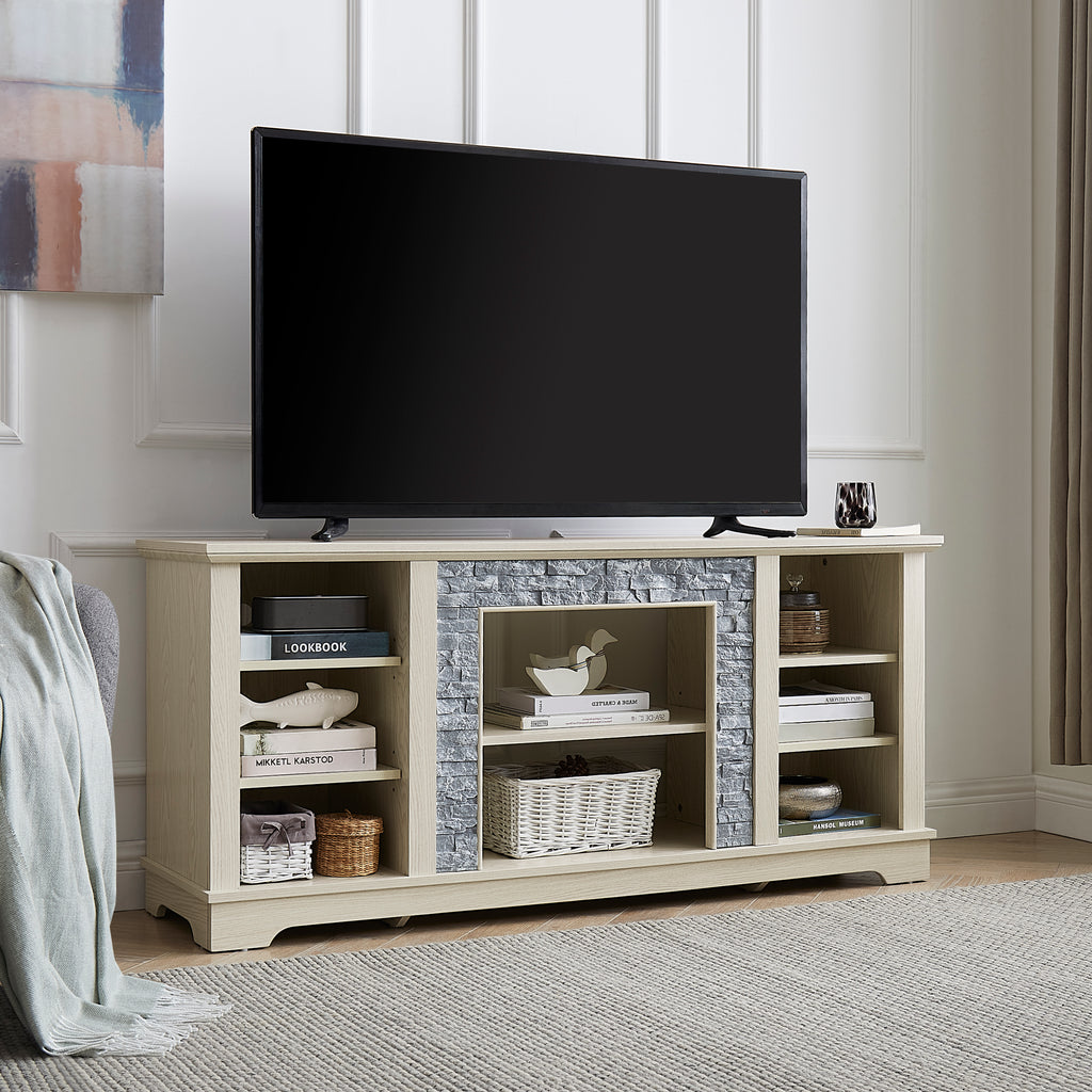 Mantel Stone TV Media Stand with with Faux Stacked Stone Surround, Modern Entertainment Console with Open Storage Space,WHITE, 58.31'W*15.39'D*26.06'H - Grand Goldman Shop