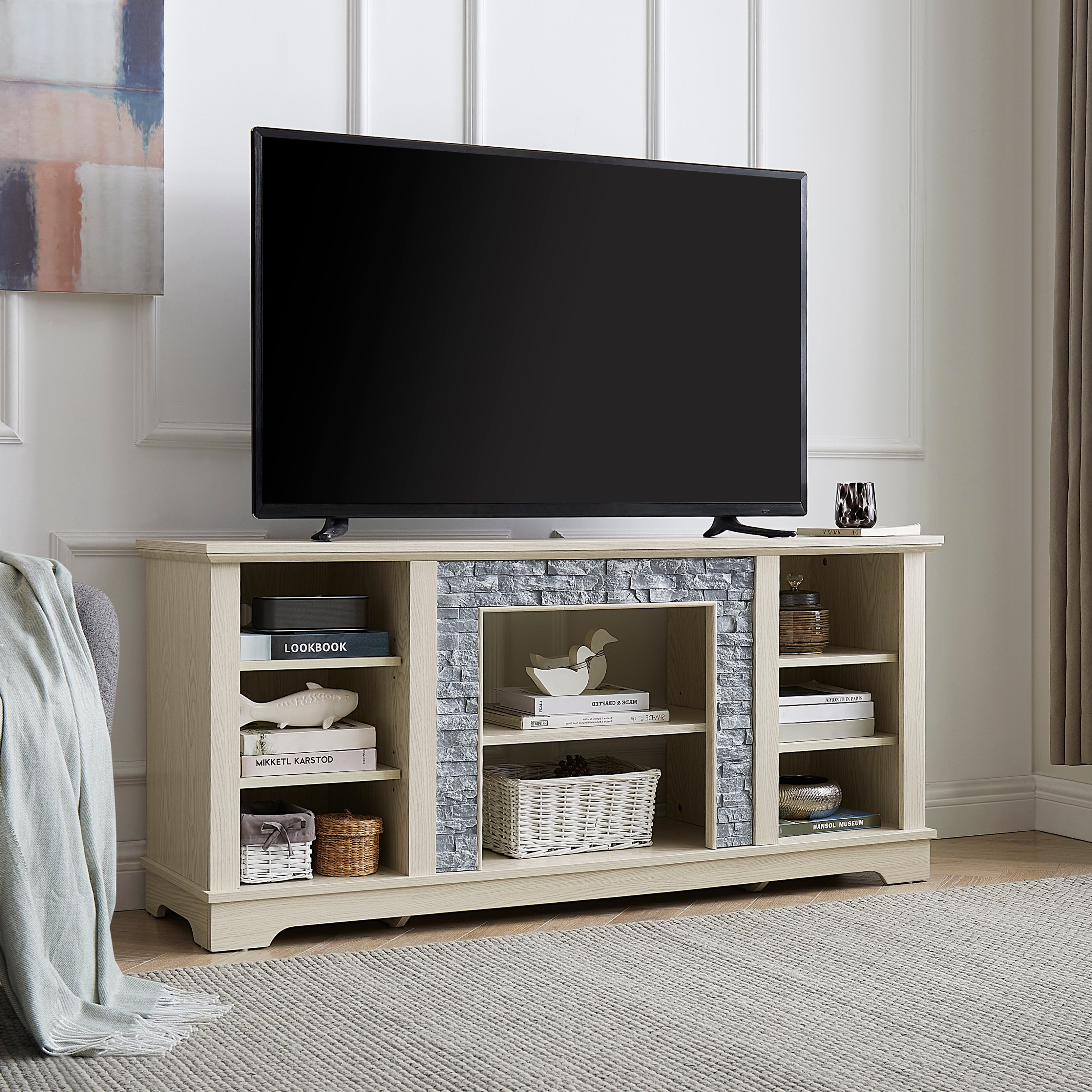 Mantel Stone TV Media Stand with with Faux Stacked Stone Surround, Modern Entertainment Console with Open Storage Space,WHITE, 58.31'W*15.39'D*26.06'H - Grand Goldman Shop