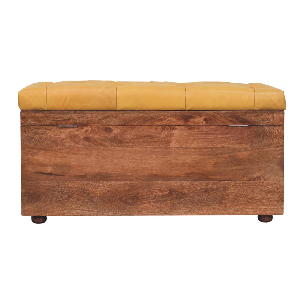 Solid Wood Buffalo Hide Honey Caramel Storage Trunk, Leather Upholstered, Yellow and Brown - Grand Goldman Shop